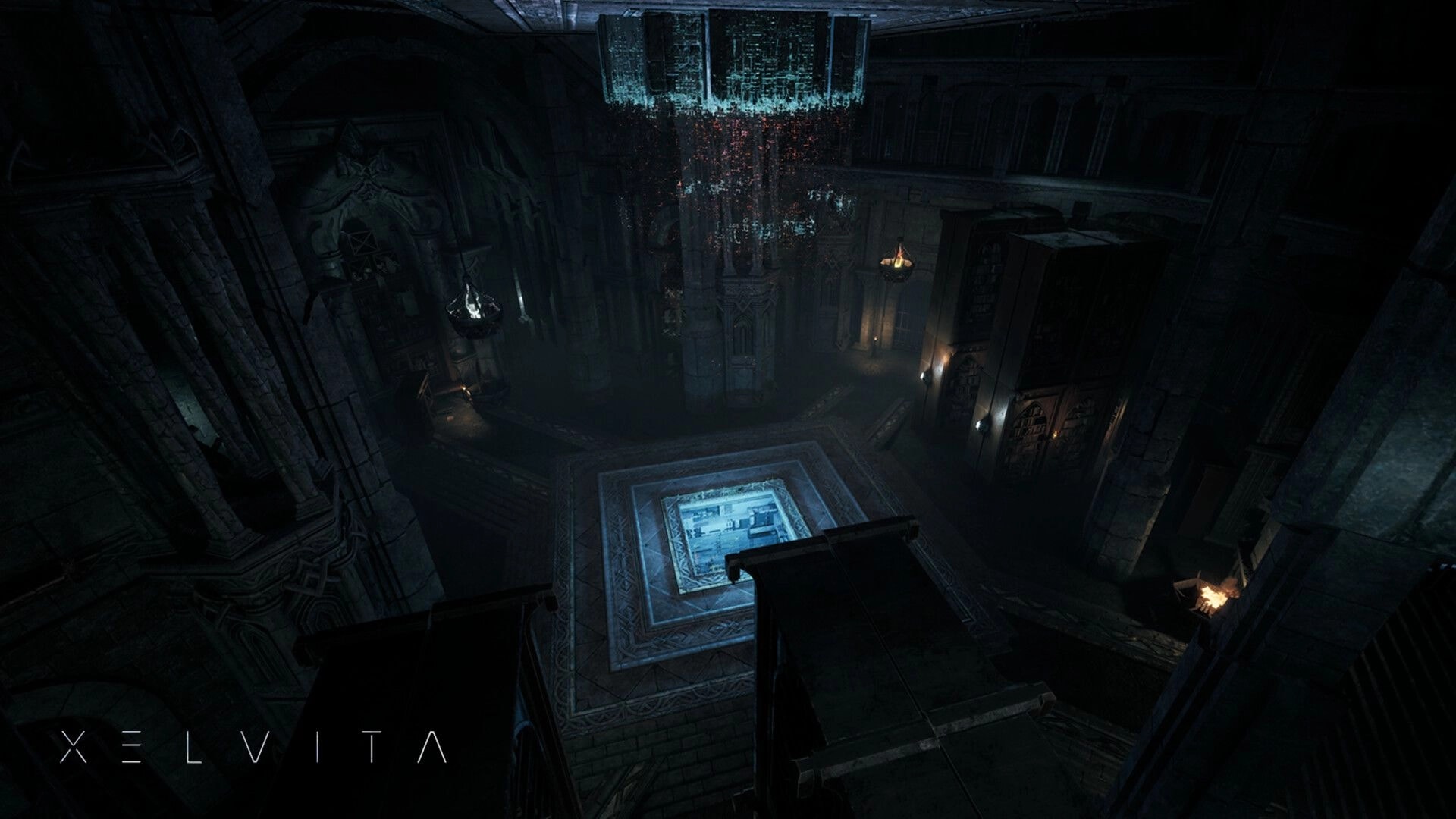 XELVITA: Overhead view of dark cathedral-like chamber with glowing floor panel and hanging hologram display.