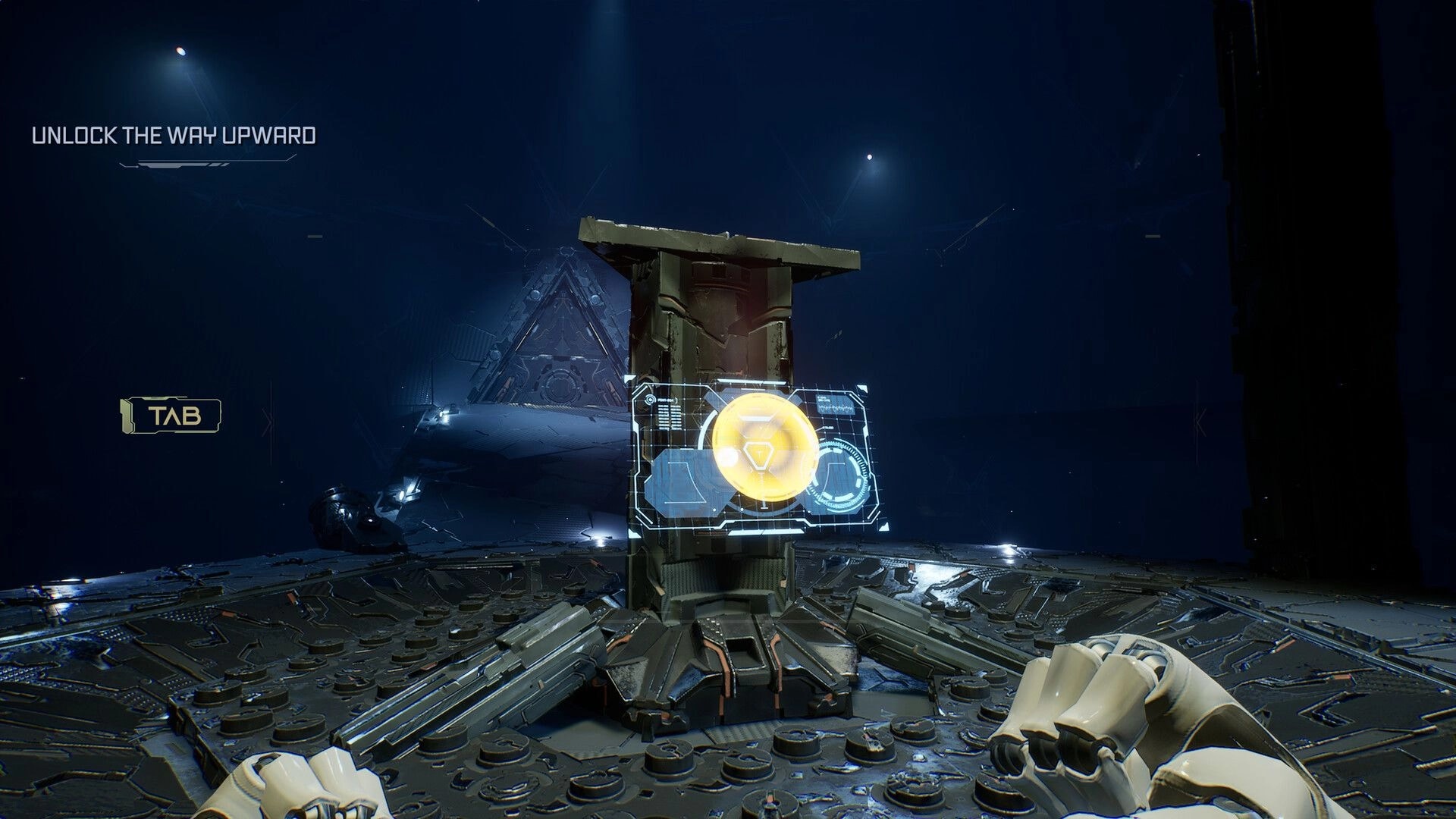 XELVITA: Player interacts with glowing hologram console on a dark metallic platform in sci-fi void.