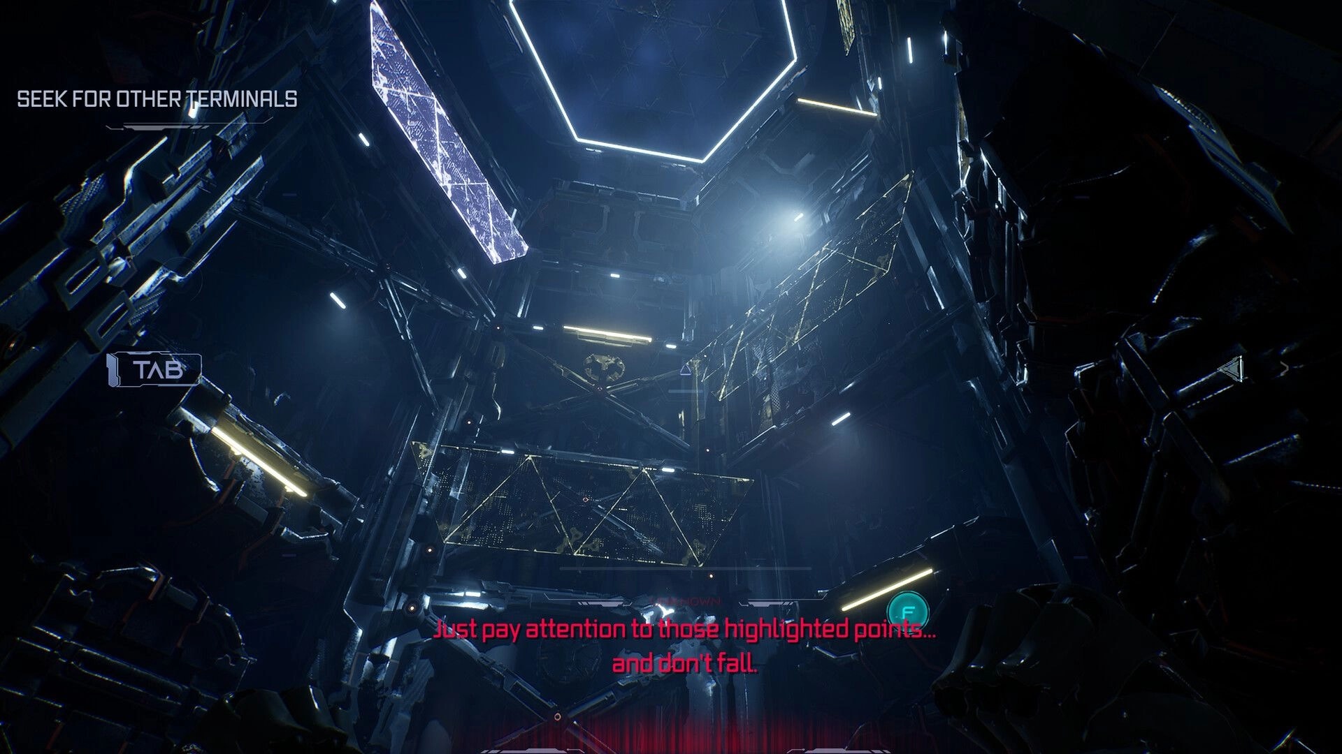 XELVITA: Objective "Seek for other terminals" over lit sci-fi shaft with highlighted platforms and TAB prompt.