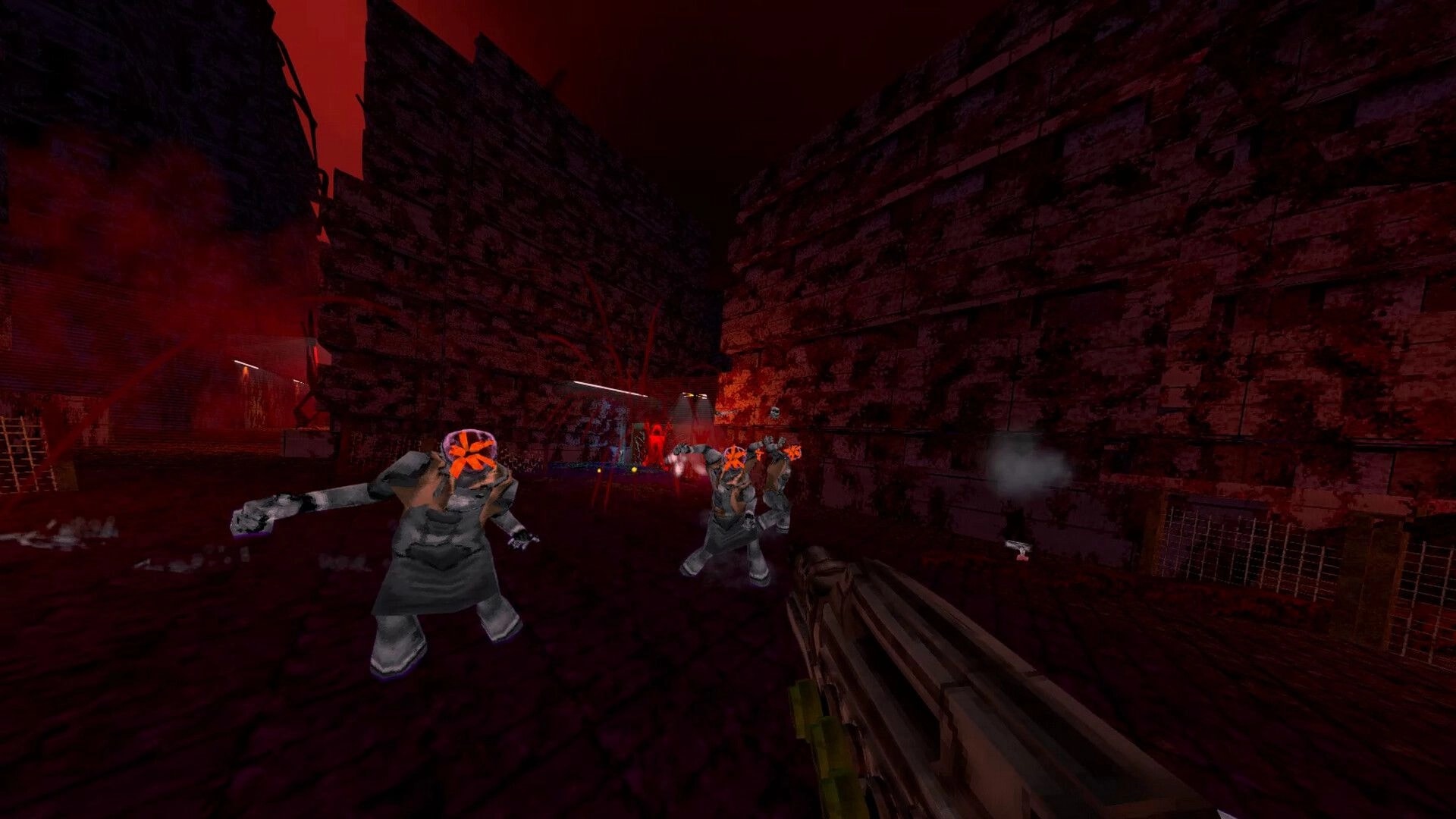 XENO DEAD: Player aims at approaching aliens in a dark alley with red-lit atmosphere