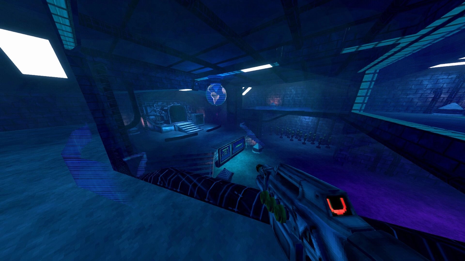 XENO DEAD: First-person view with futuristic gun in a dimly lit alien base, holographic Earth displayed.