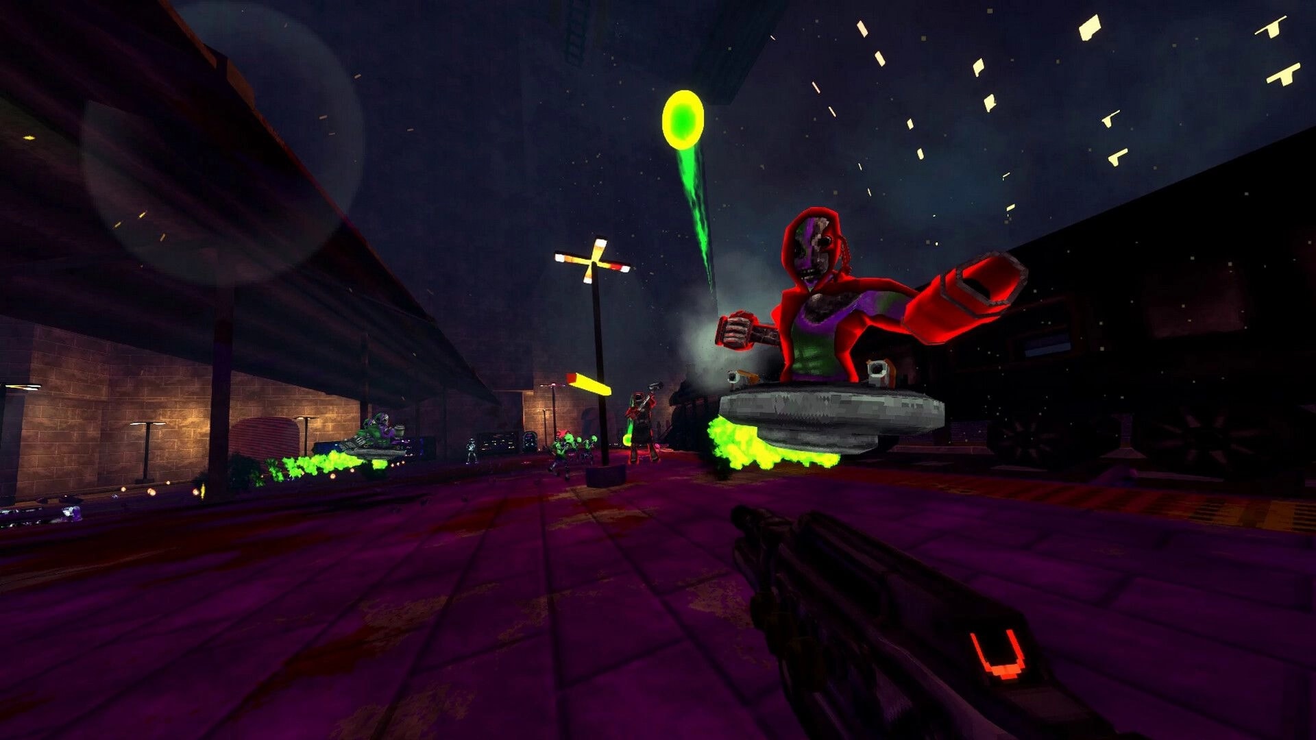 XENO DEAD: Player aiming at alien boss on hovercraft in dark, industrial setting with neon lights
