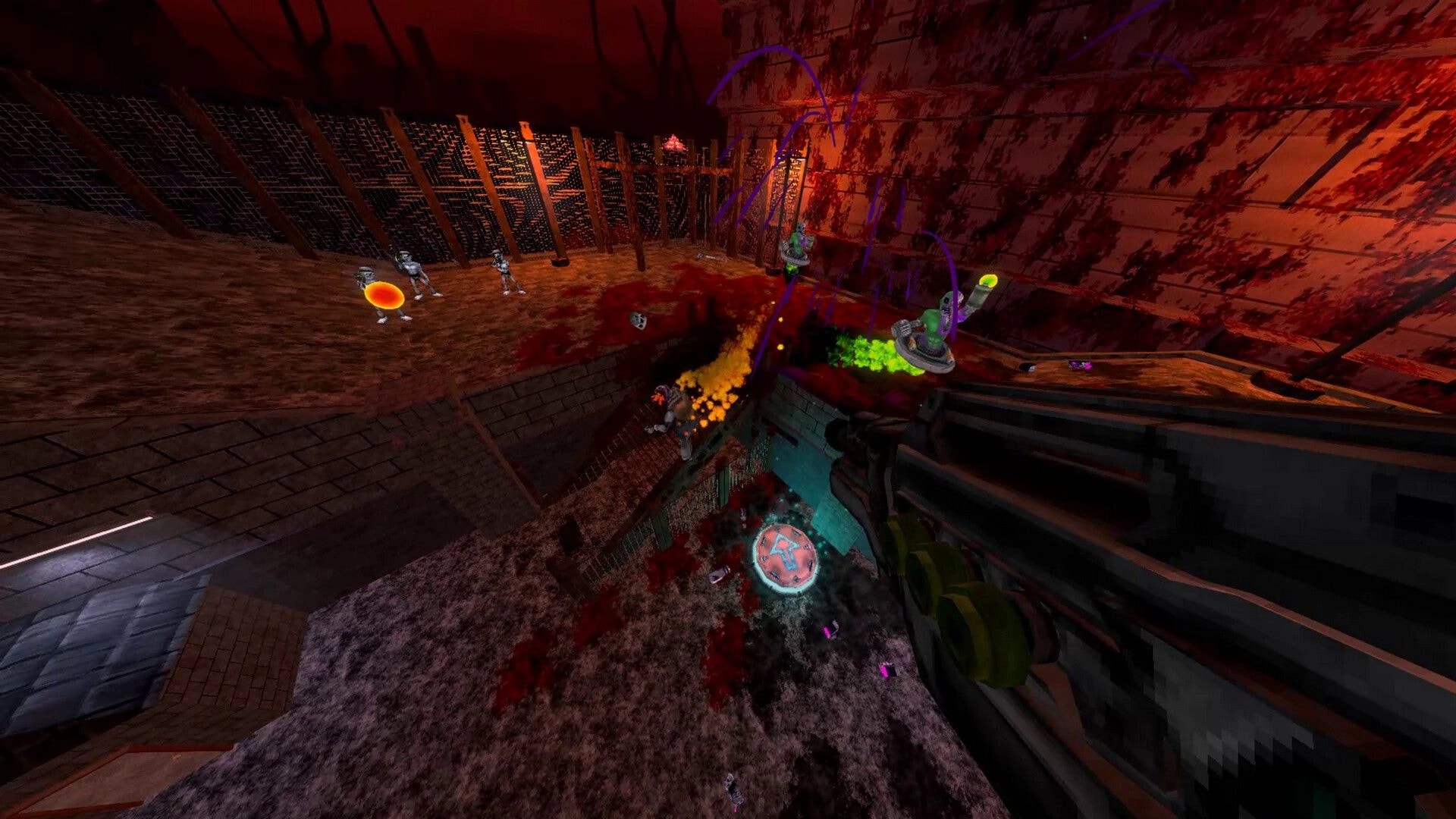 XENO DEAD: First-person combat with aliens in a dark, futuristic arena with neon purple accents