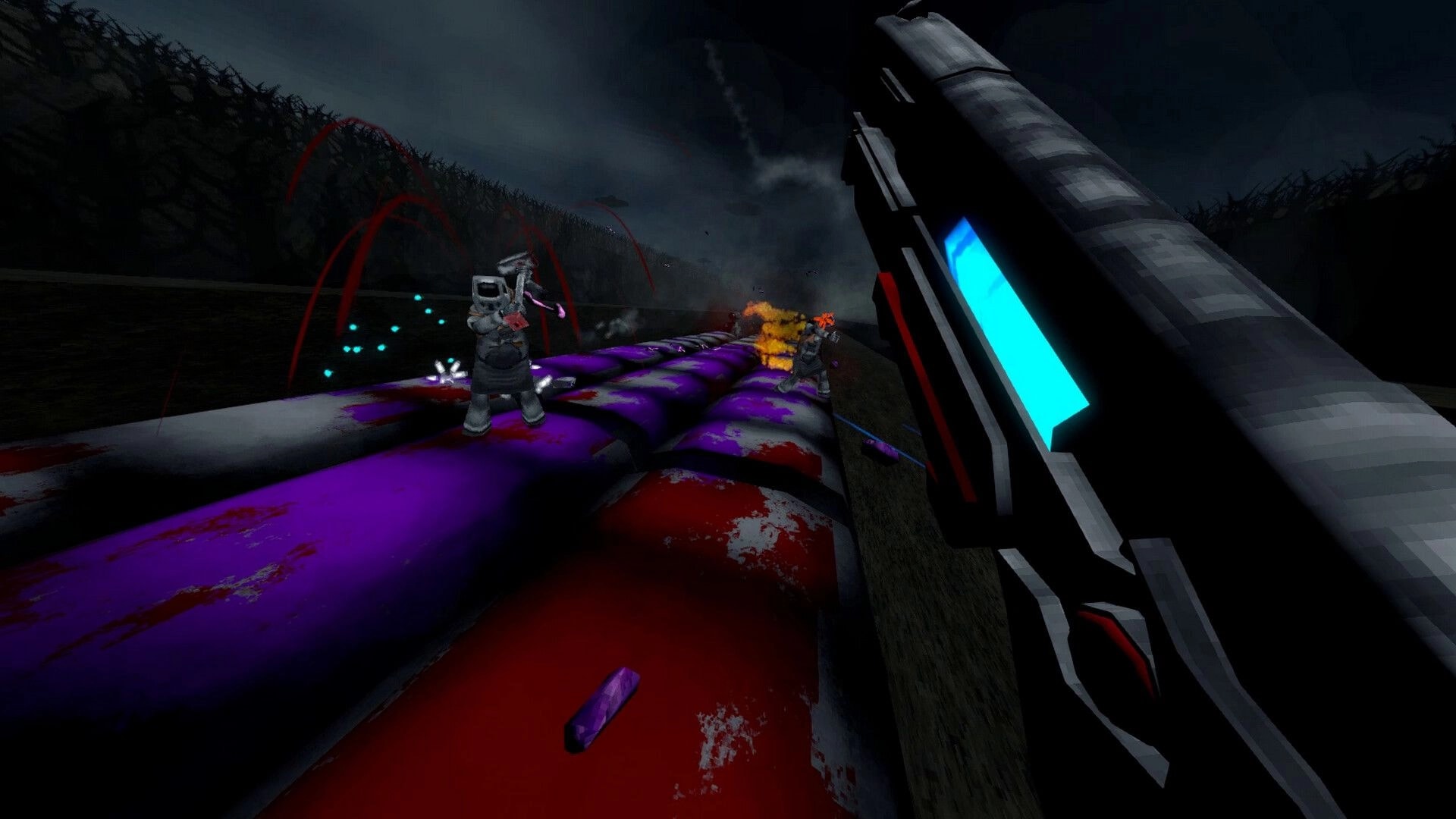 XENO DEAD: Player aiming at enemies on a blood-stained alien path with dark, ominous forest surroundings
