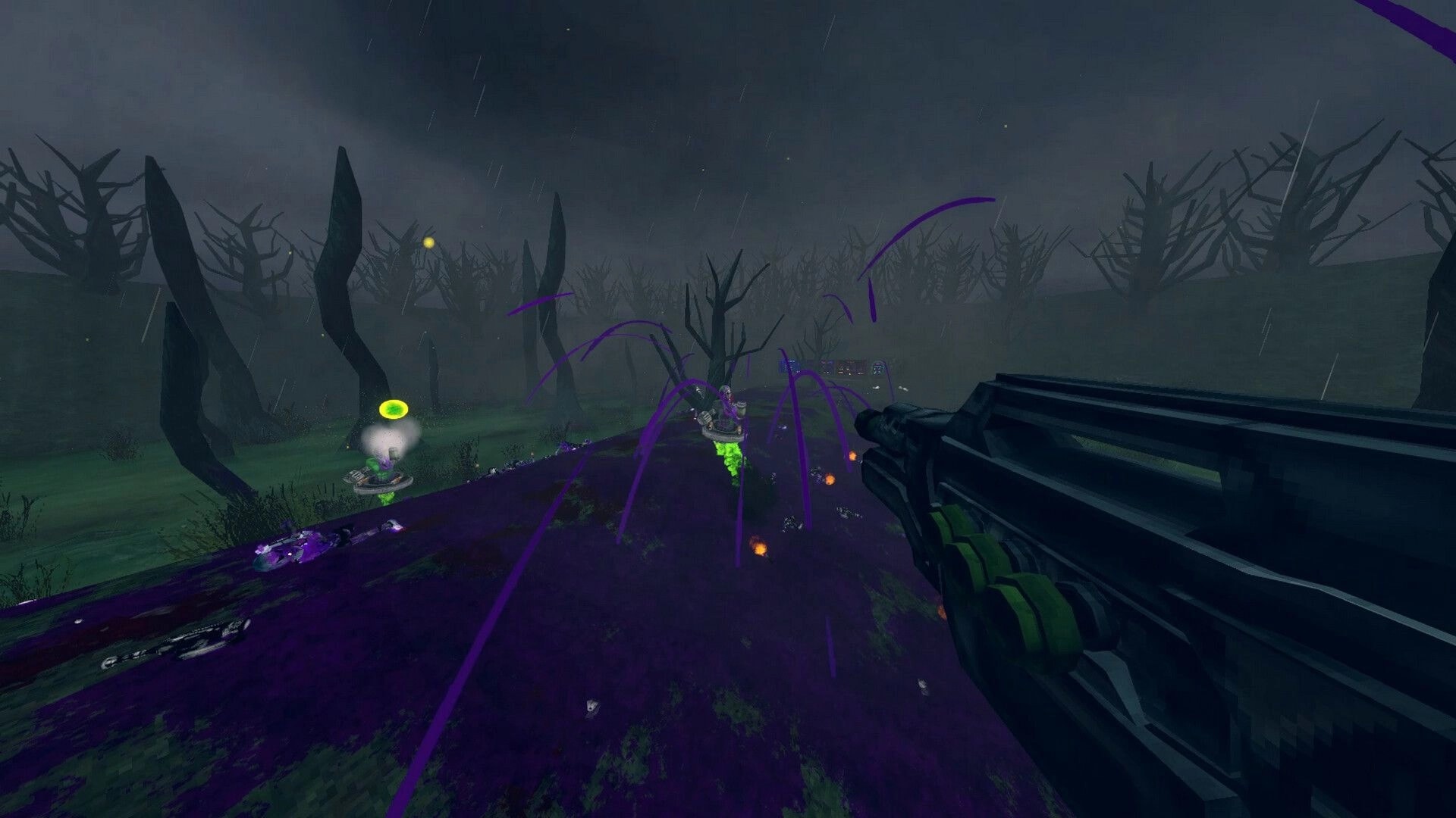 XENO DEAD: Player firing at alien enemies in a dark, eerie forest with purple splashes and barren trees