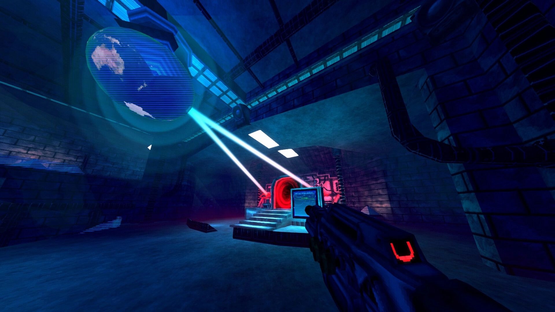 XENO DEAD: Player aiming at glowing red portal in dimly lit industrial complex with blue screens overhead