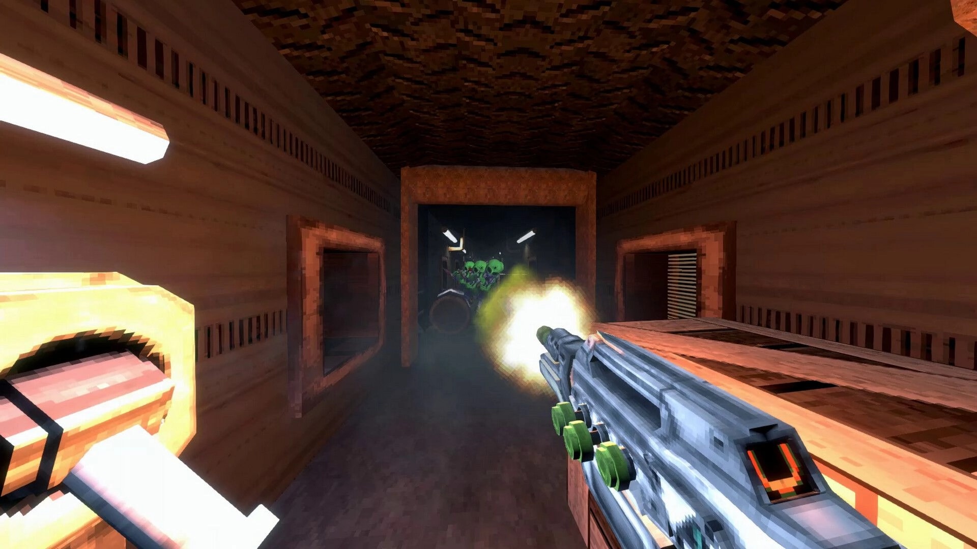 XENO DEAD: Player firing a weapon at green aliens in a narrow, dimly lit corridor with wooden walls.