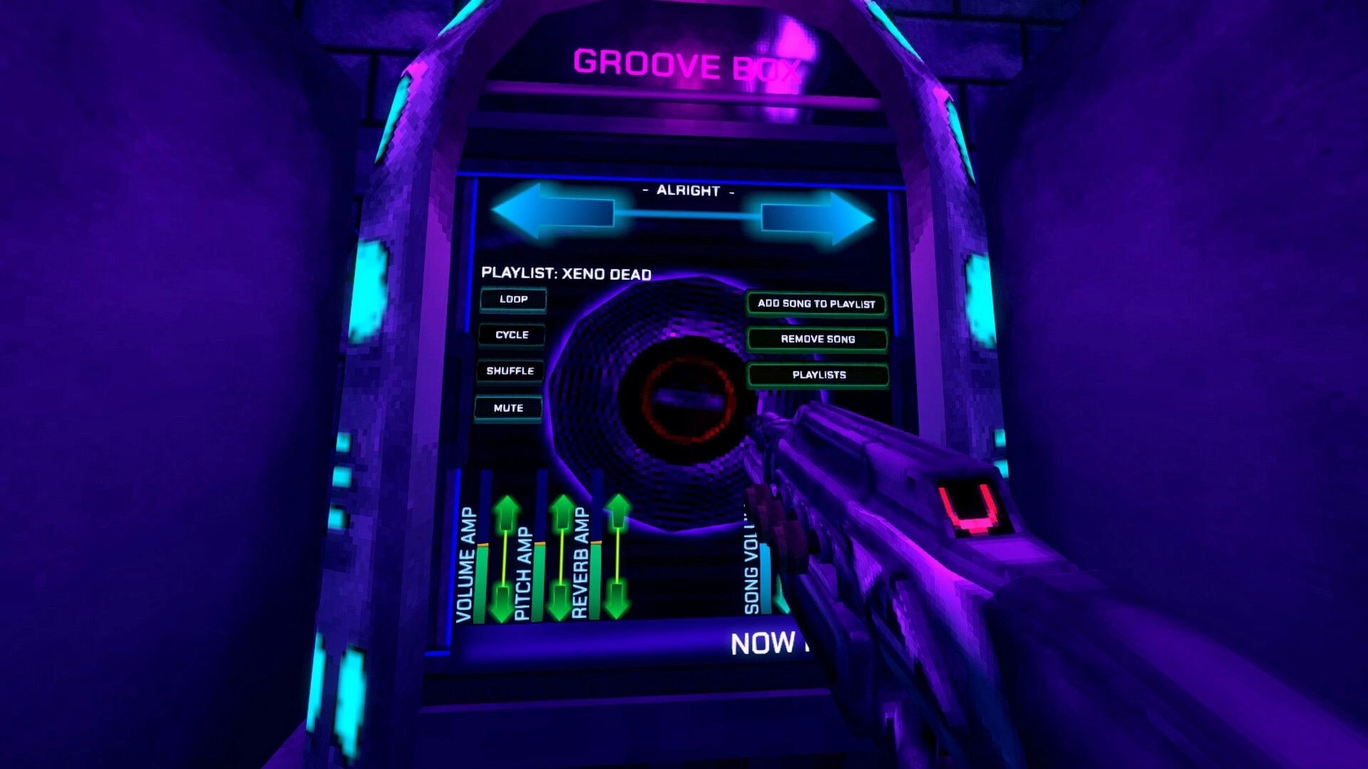 XENO DEAD: Player aims gun at neon-lit jukebox interface displaying playlist and audio settings in arcade.