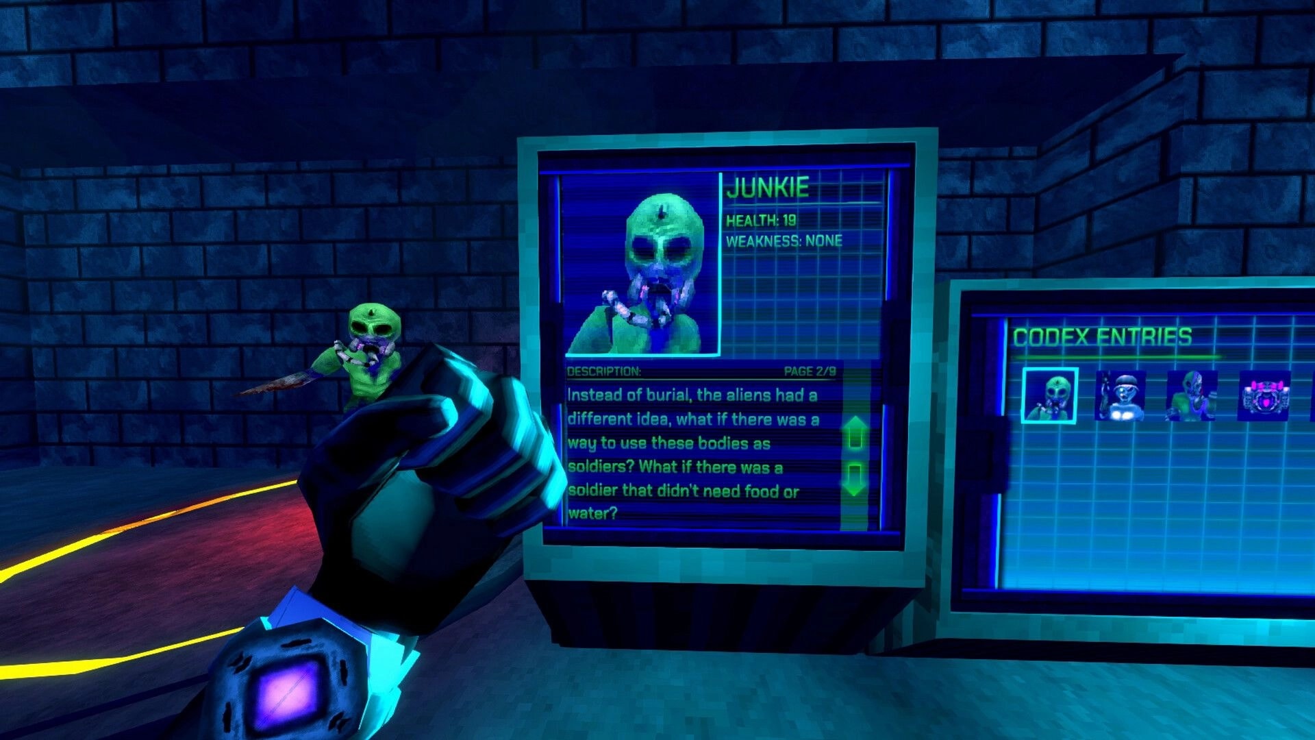 XENO DEAD: Alien codex entry displayed on screen next to a Junkie enemy in a dimly lit stone room.