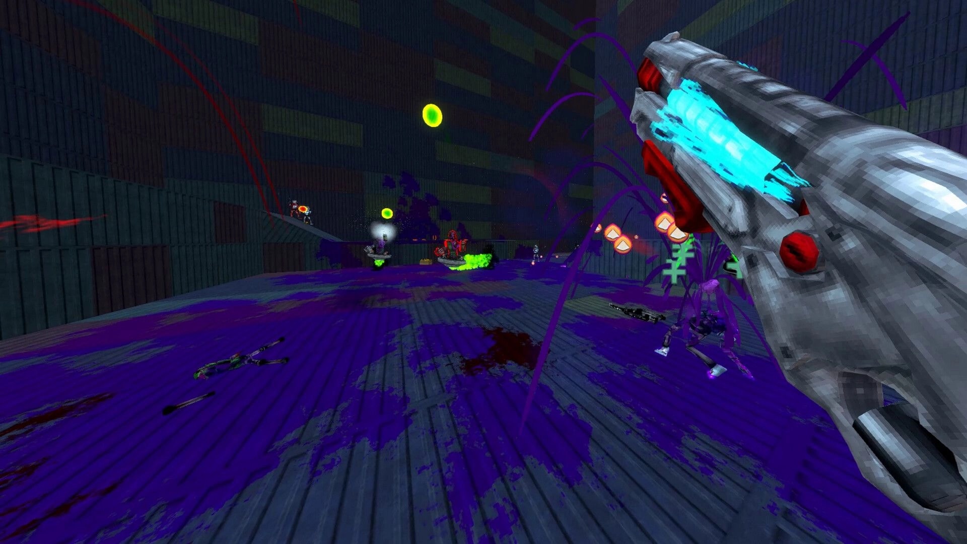 XENO DEAD: First-person combat with energy weapon in alien-infested room with purple splatters