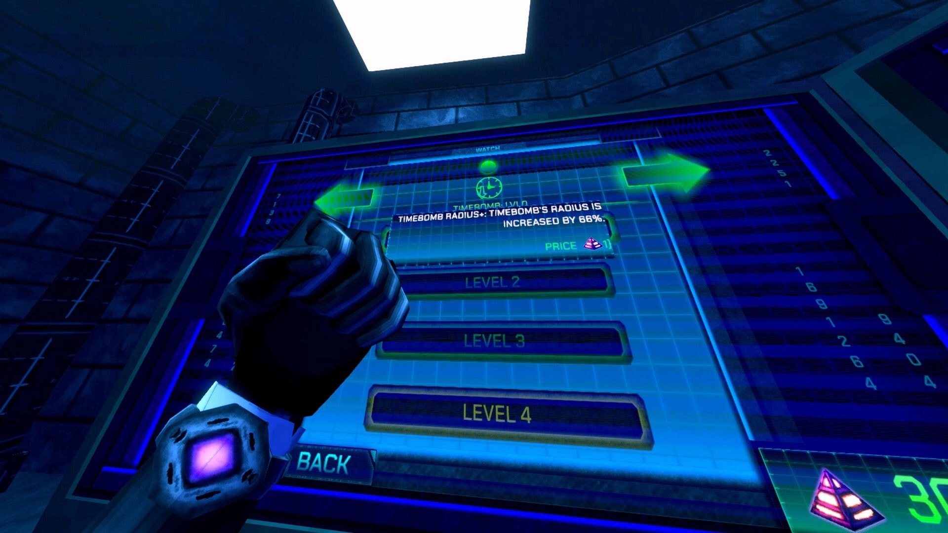 XENO DEAD: Player interacts with upgrade menu for timebomb radius in a futuristic control room.