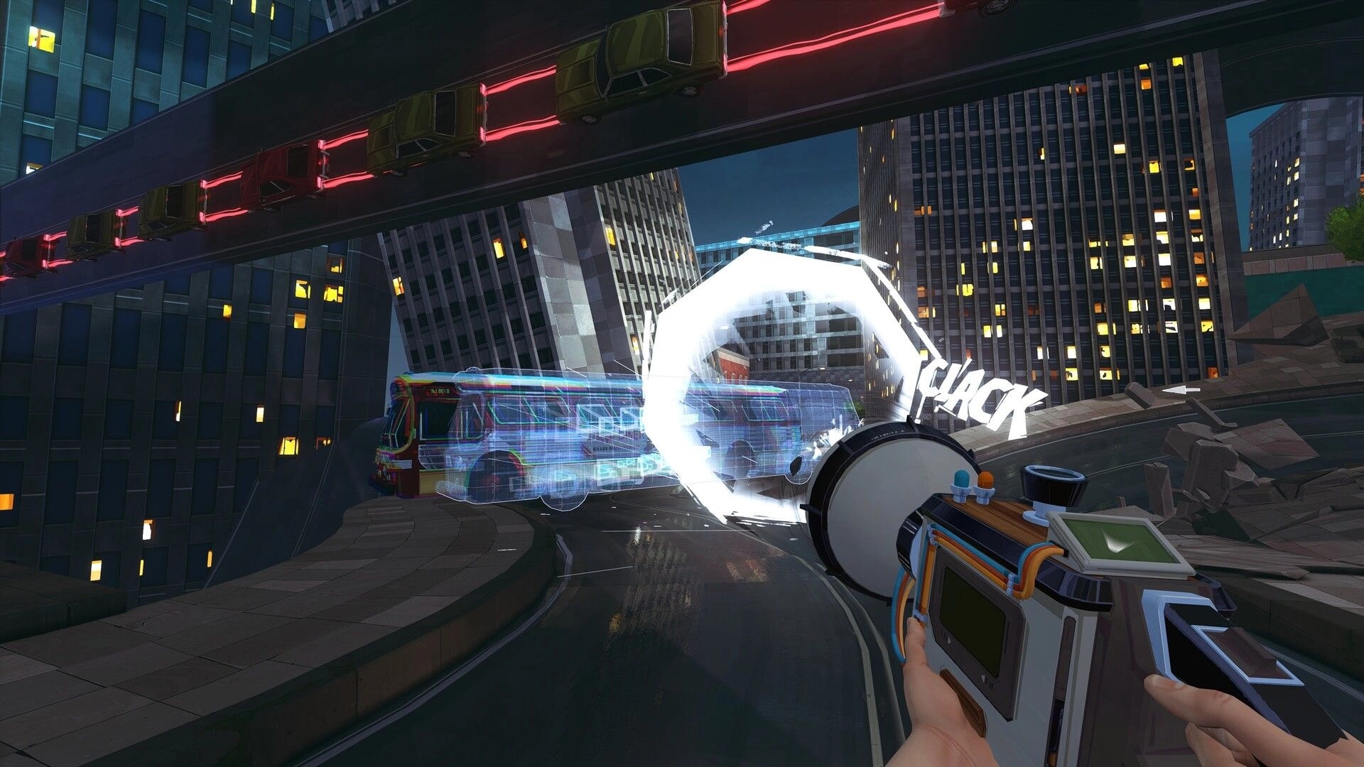 Yerba Buena: First-person Oscillator blasts a bus with a crack effect on a tilted city street.