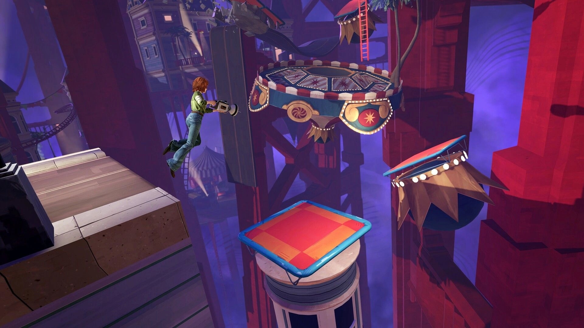 Yerba Buena: Barb leaps between floating carnival platforms, aiming the Oscillator in a neon cityscape.