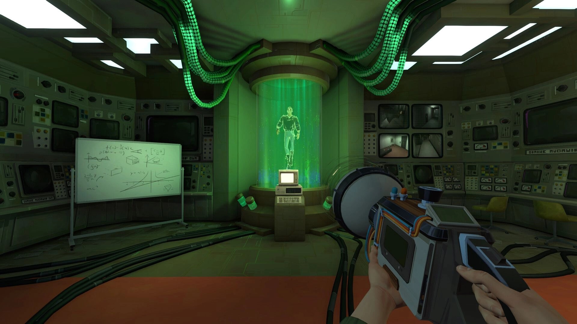 Yerba Buena: First-person view aiming Oscillator at man in green tube inside retro control room.