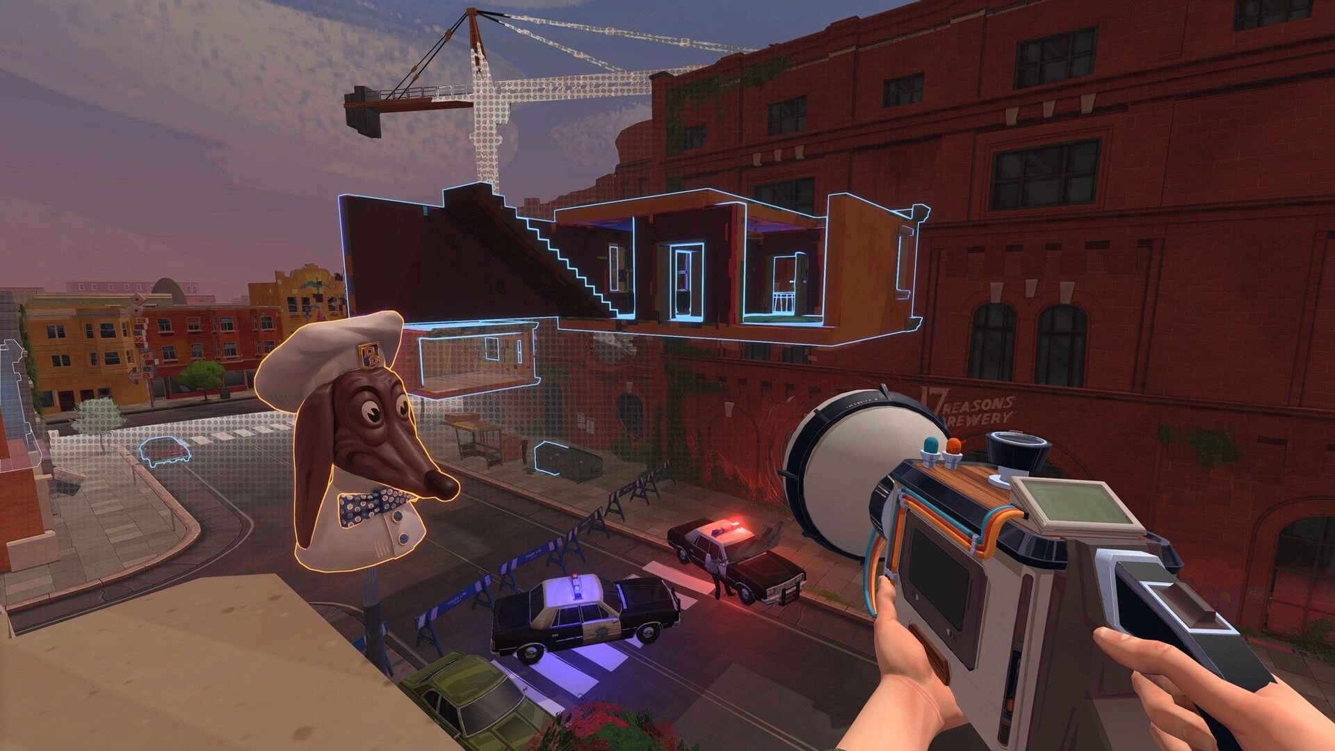Yerba Buena: First-person Oscillator aiming at blue-outlined building cutaway above brick street scene.