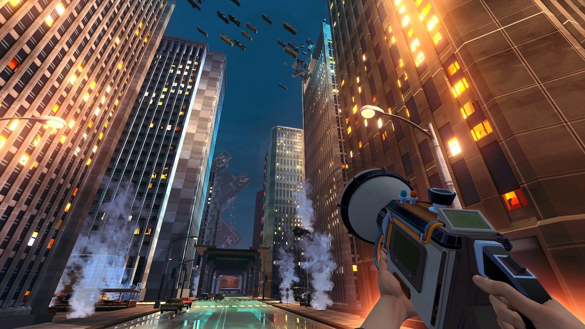 Yerba Buena: First-person view aiming the Oscillator down a rainy city street between tall towers.