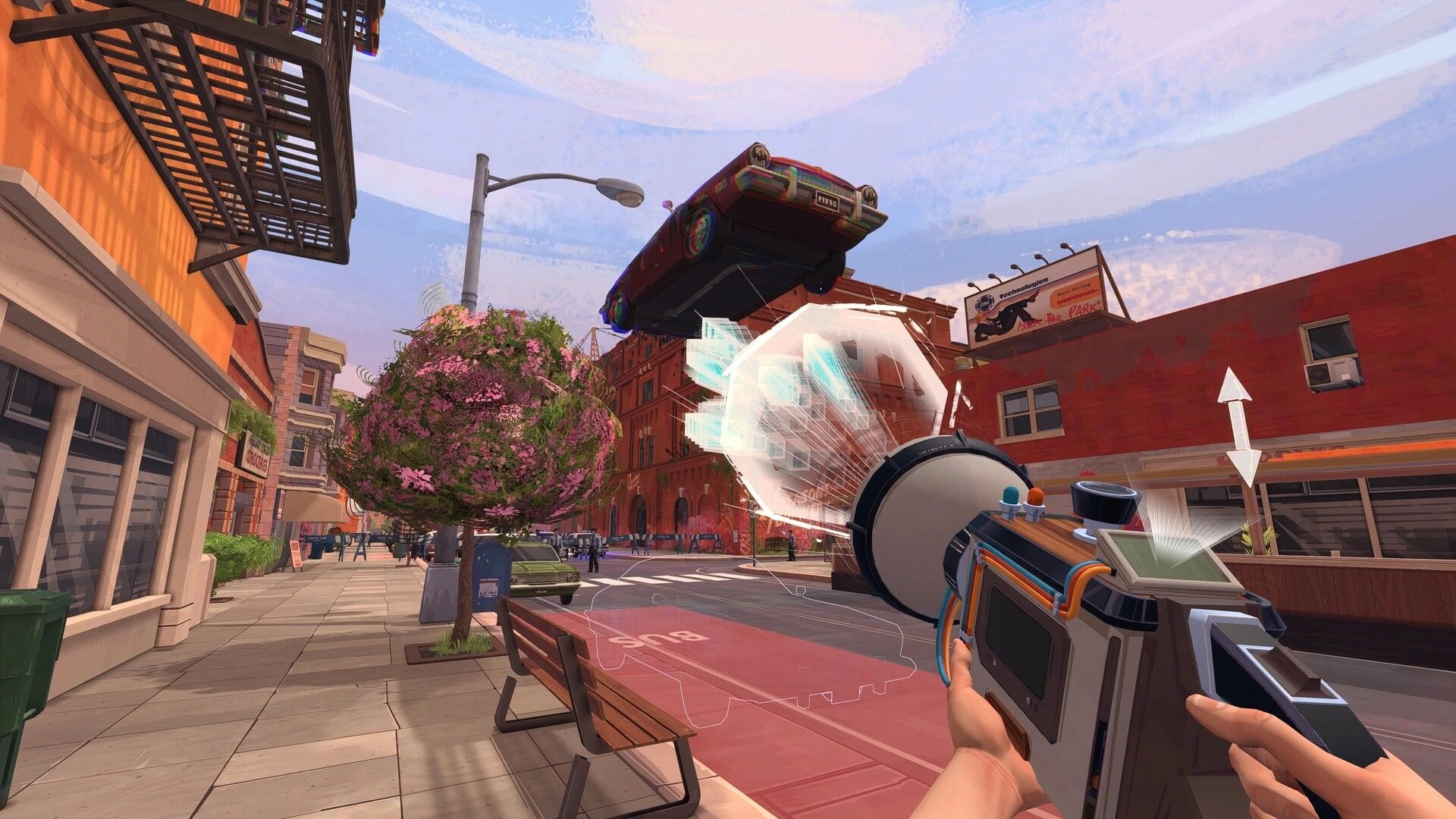 Yerba Buena: First-person Oscillator aiming at a floating car above a sunny city street intersection.