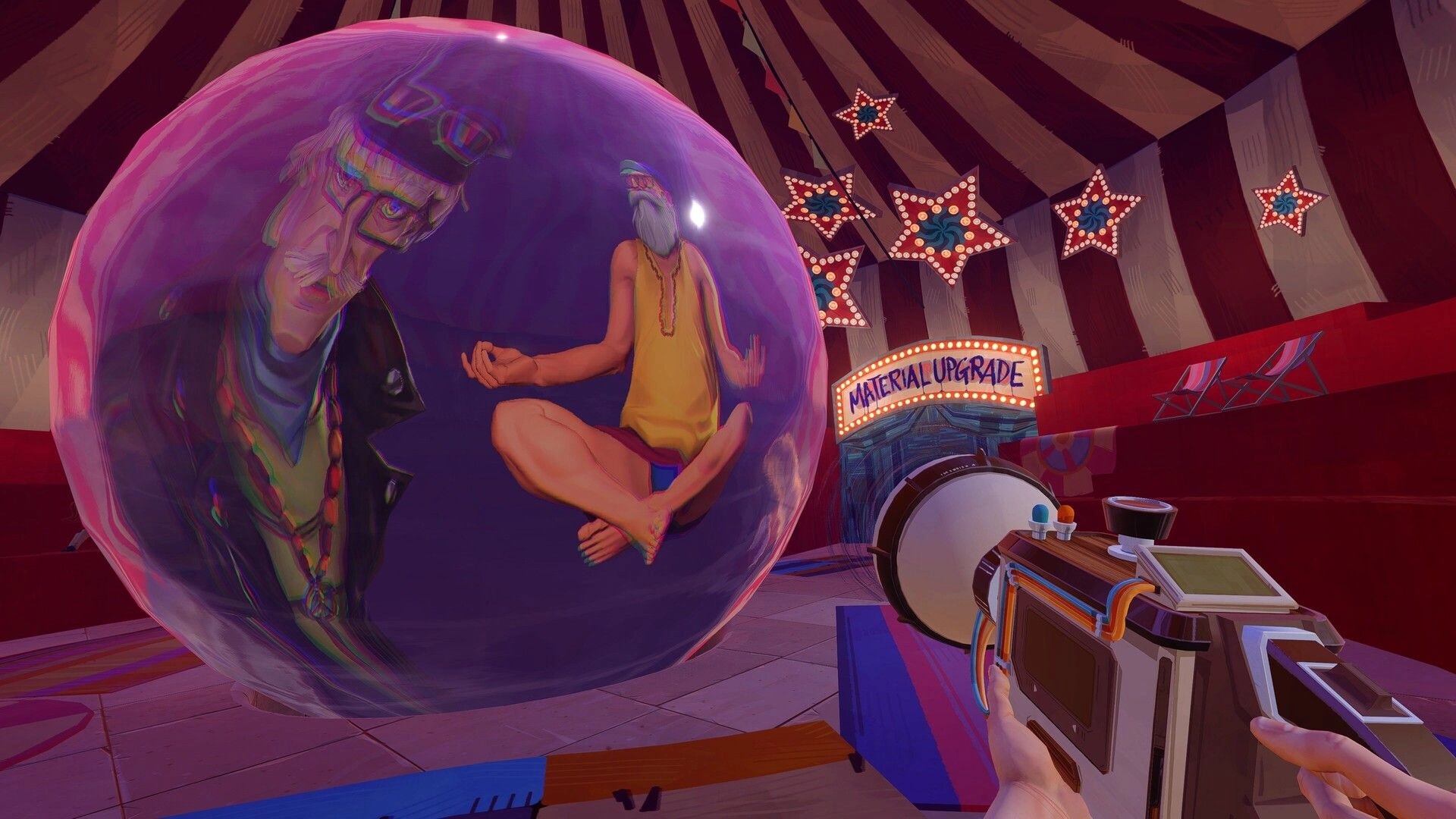 Yerba Buena: First-person Oscillator aimed at a giant bubble with portraits inside under star lights.