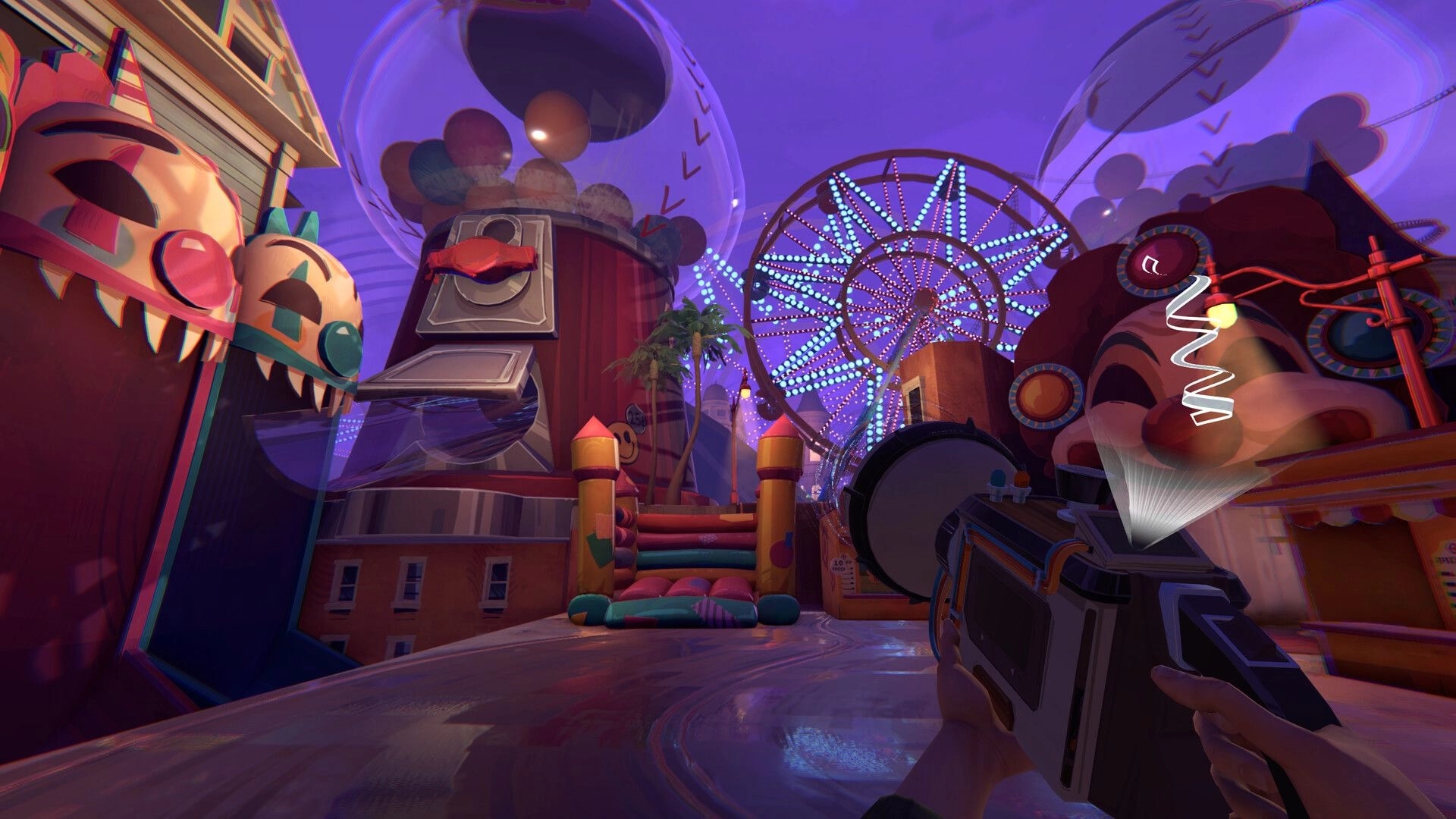 Yerba Buena: First-person aim with Oscillator at carnival plaza, Ferris wheel lights and inflatables ahead.