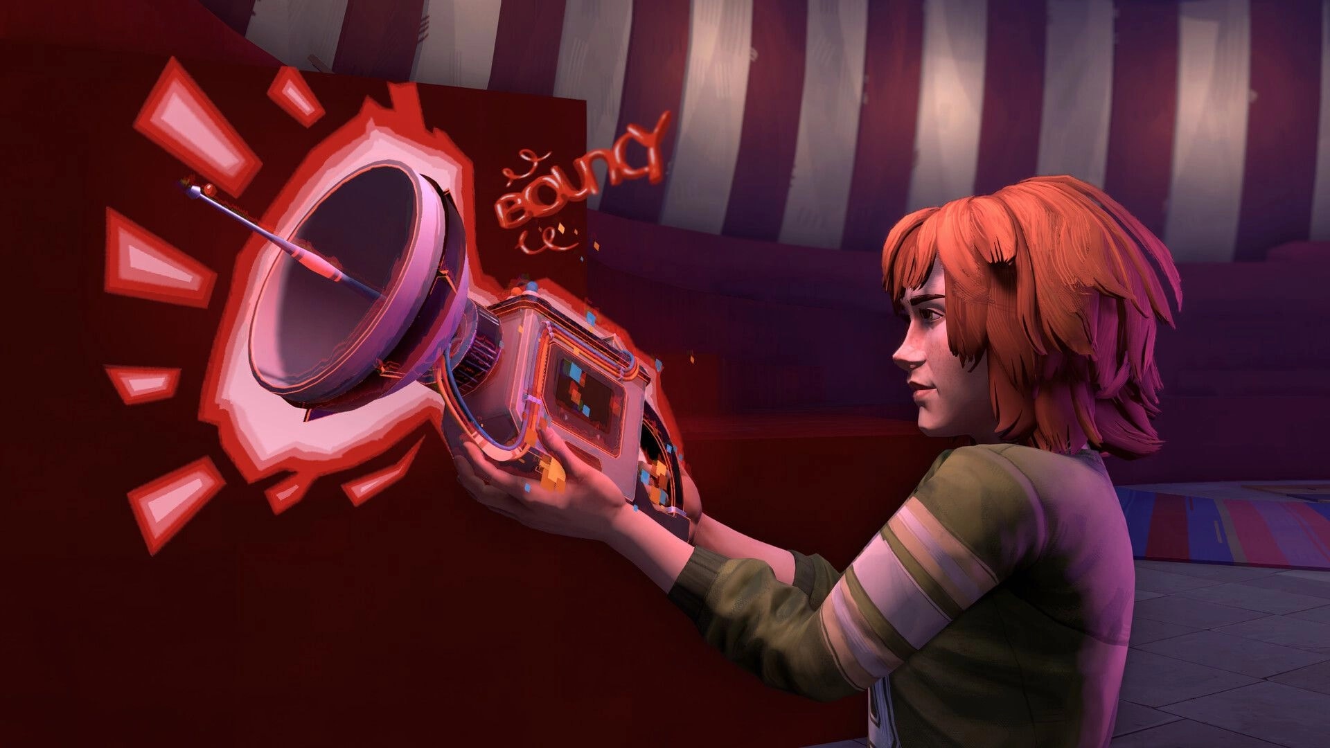 Yerba Buena: Barb aims the Oscillator at a glowing bounce icon inside a striped circus tent corridor.