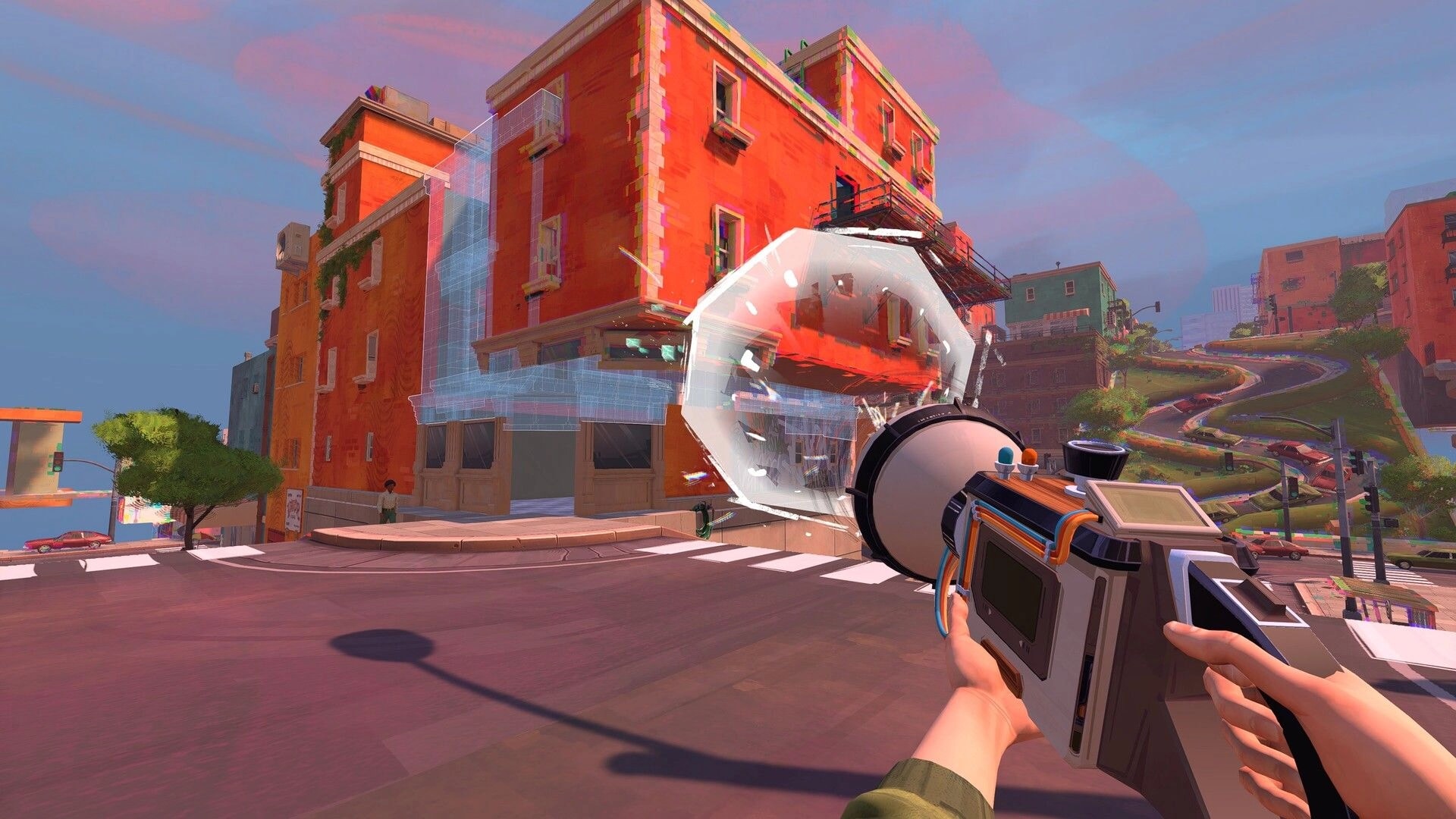 Yerba Buena: First-person Oscillator aimed at red apartment building on a steep city street at dusk.