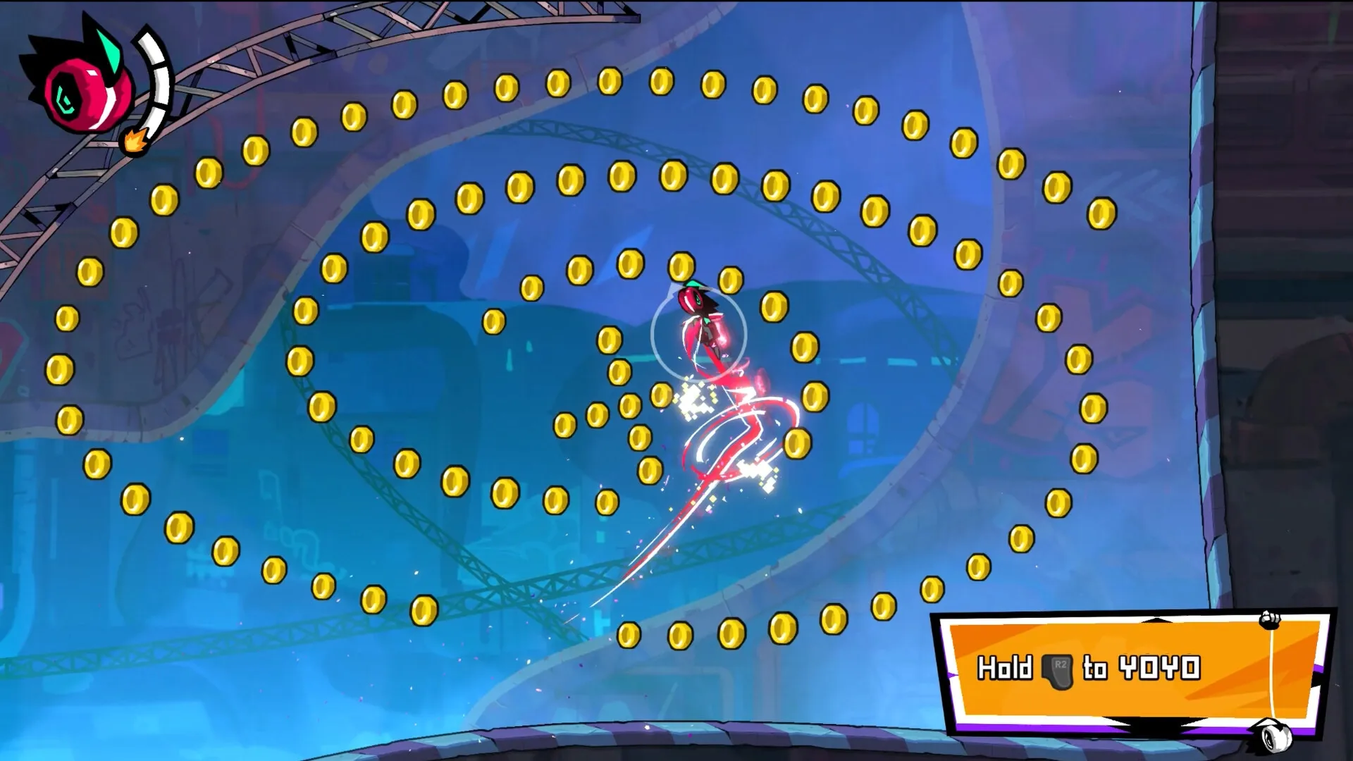 YOYO PUNK: Yoyo character collects coins in spiral formation with glowing trail in industrial arena setting