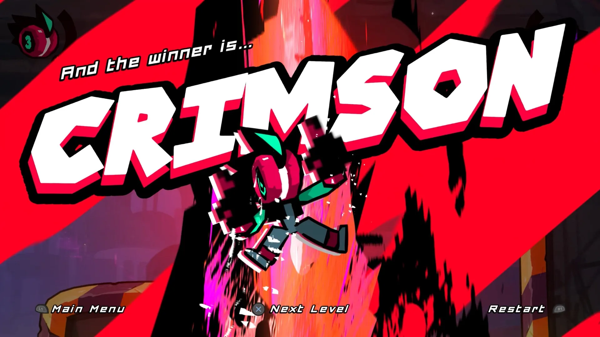 YOYO PUNK: Crimson victory screen with bold text and character jumping in dynamic red and black arena.