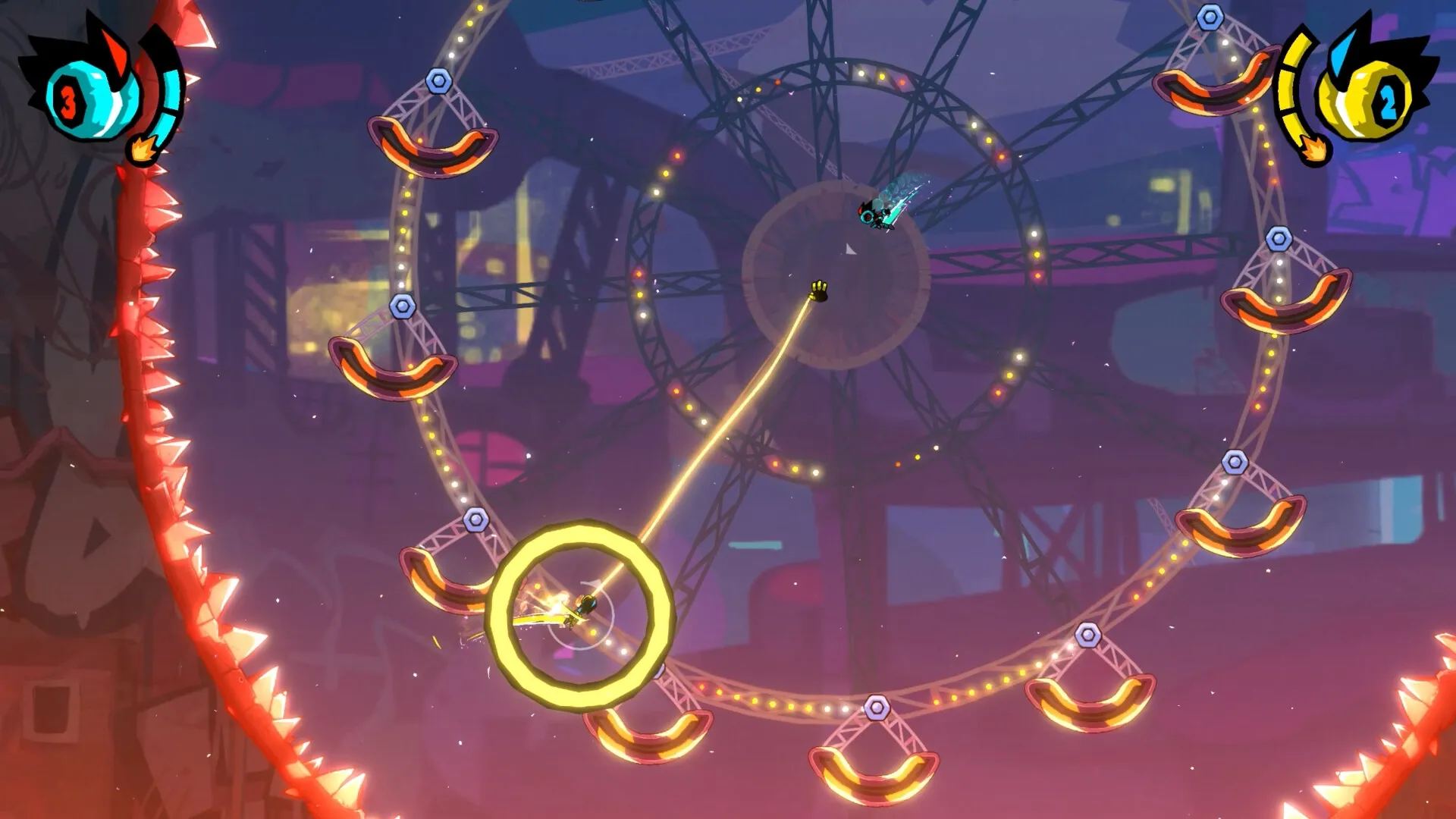 YOYO PUNK: Yoyo character swings through a Ferris wheel arena with glowing lights and obstacles.