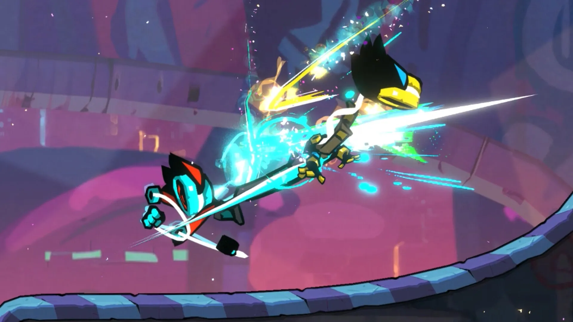 YOYO PUNK: Intense aerial combat between two characters in a vibrant, neon-lit arena setting.