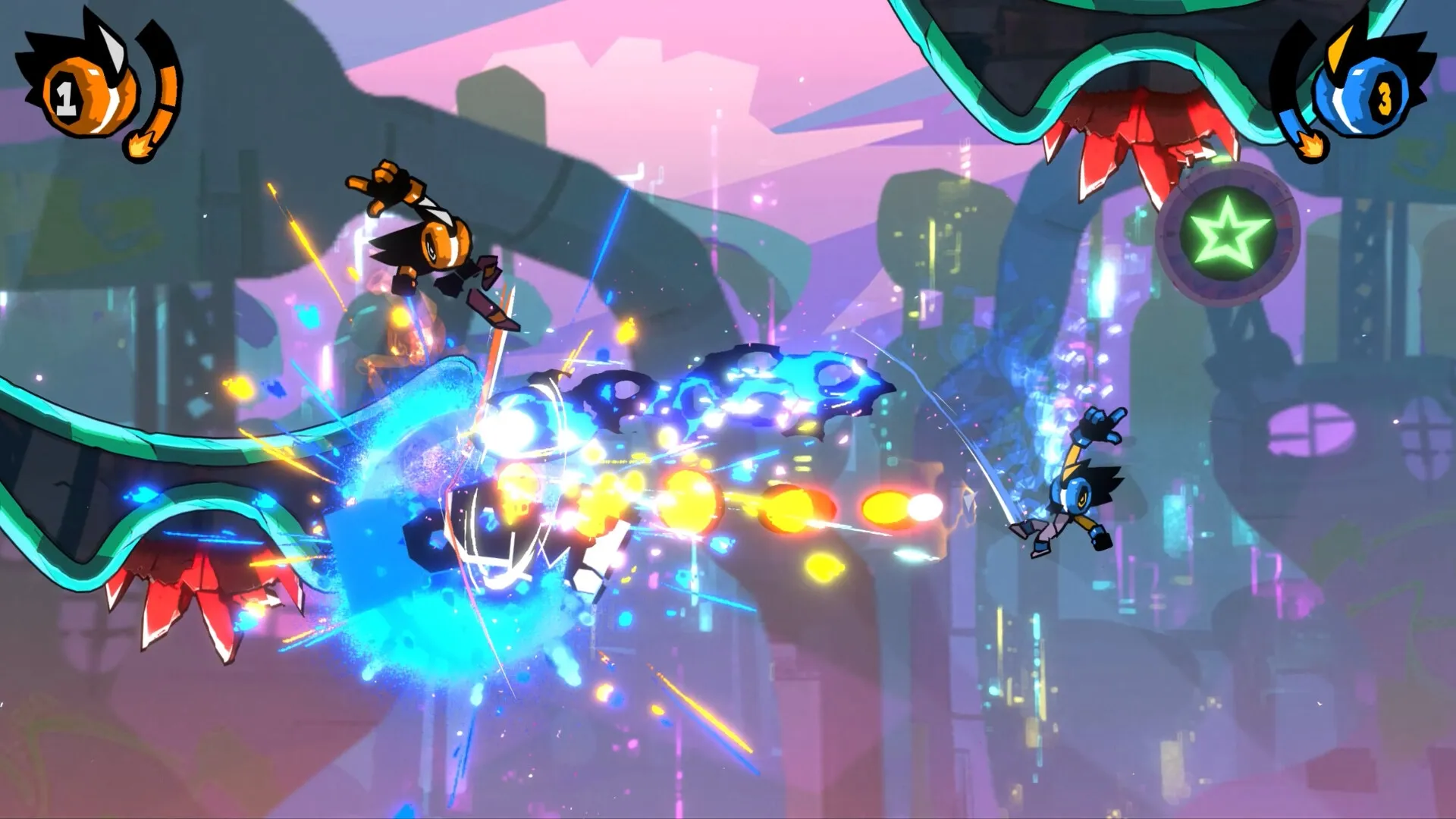 YOYO PUNK: Two characters in mid-air combat exchanging vibrant energy blasts against a neon city backdrop.