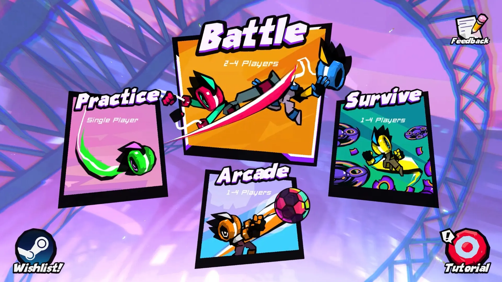 YOYO PUNK: Main menu with options for Practice, Battle, Arcade, and Survive in vibrant combat arenas.