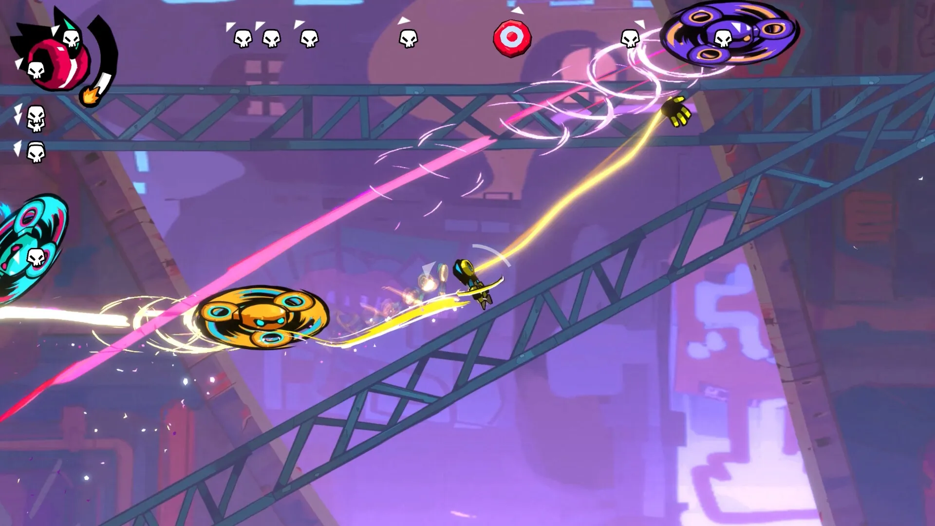 YOYO PUNK: Yoyo swings across steel beams in vibrant arena combat with skull indicators above.