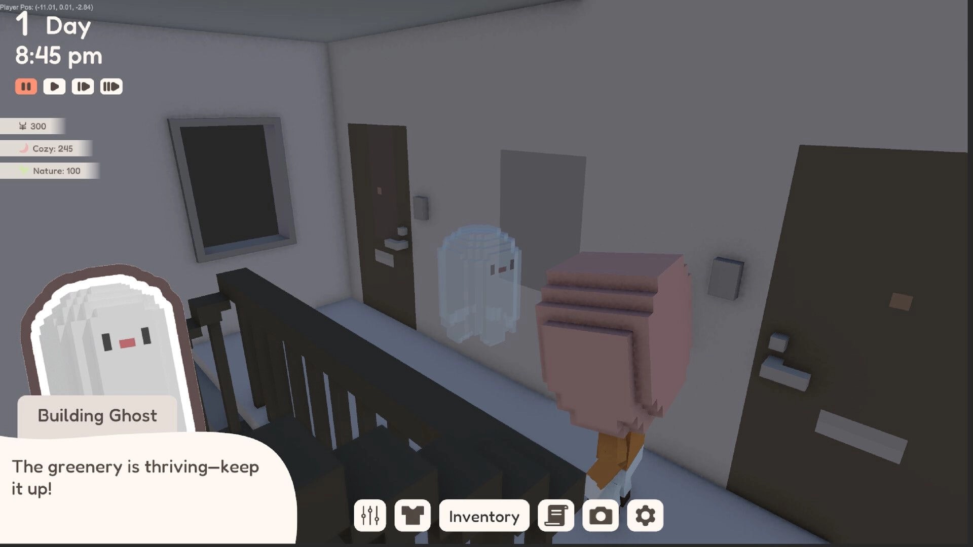 YUME ROOF: Building Ghost gives advice in a voxel hallway with UI showing time, day, and inventory icons.