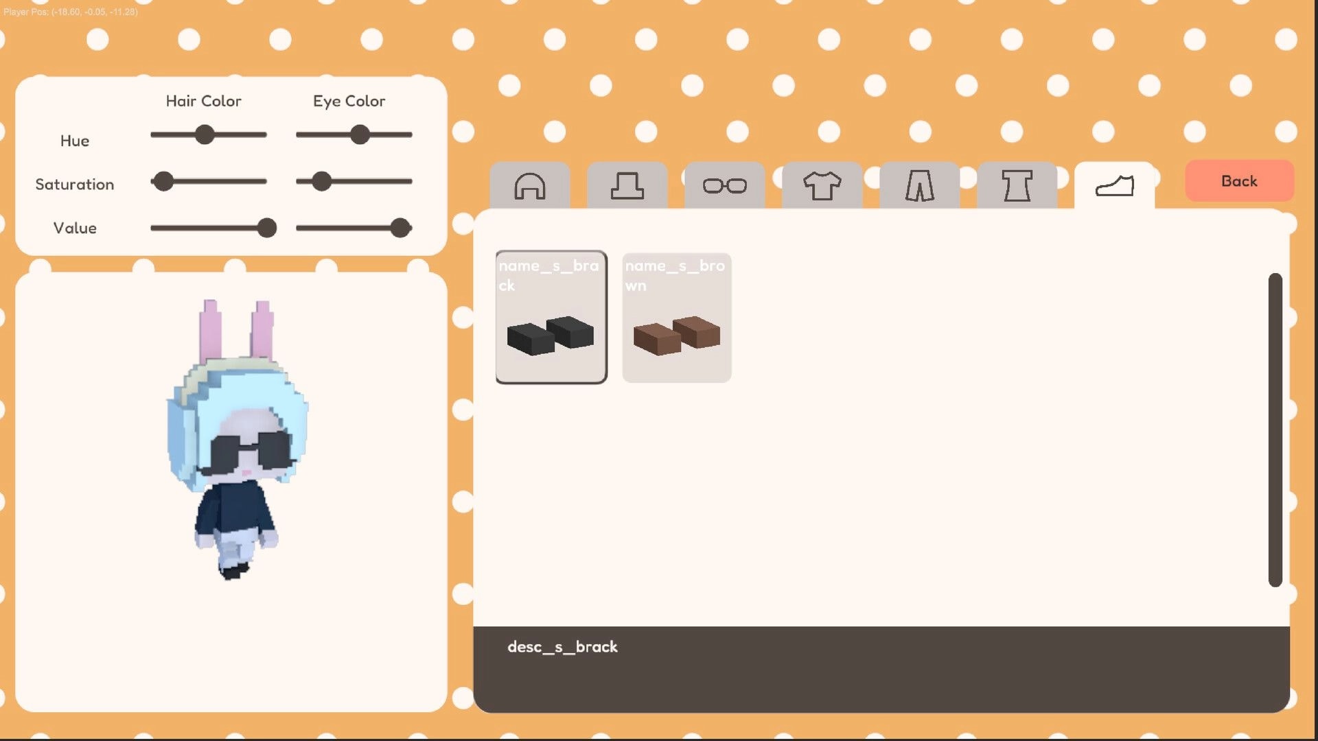 YUME ROOF: Character customization menu with sliders for hair and eye color, showing voxel avatar preview