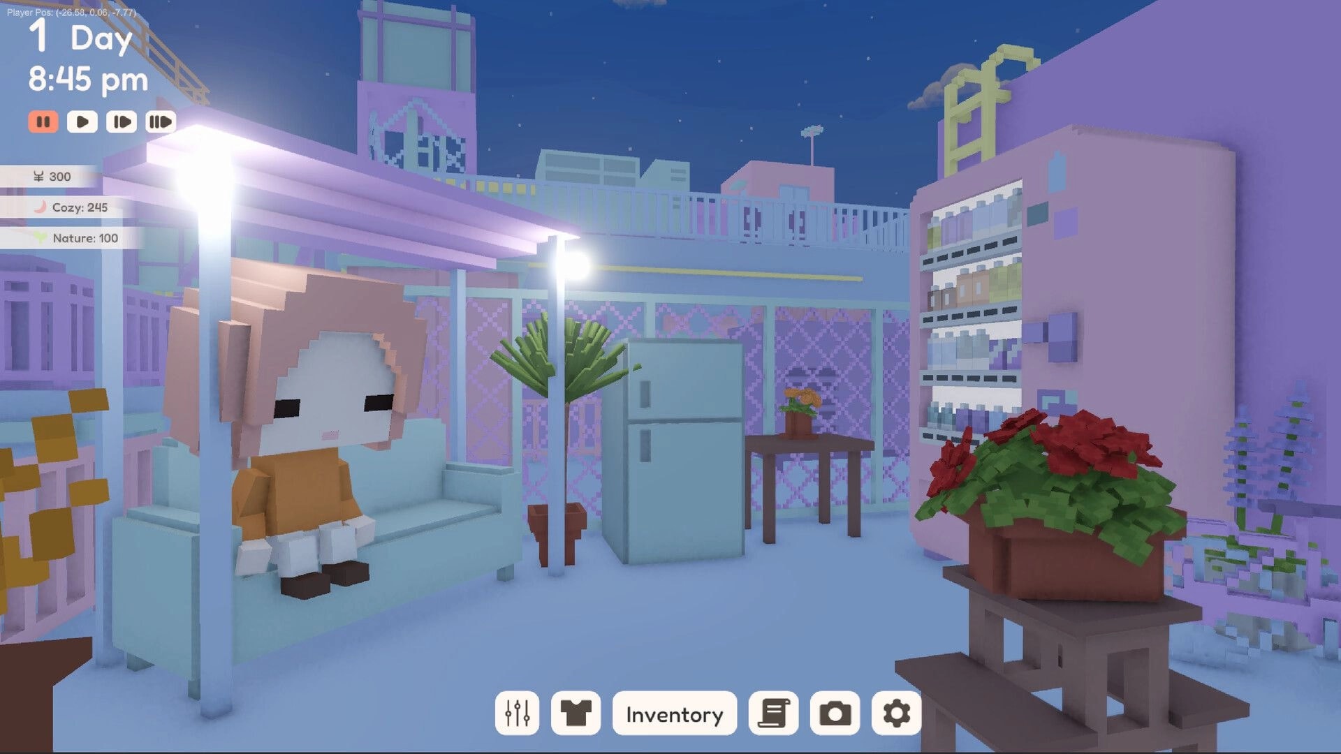 YUME ROOF: Character sitting on a blue sofa in a cozy room with potted plants and wall decorations