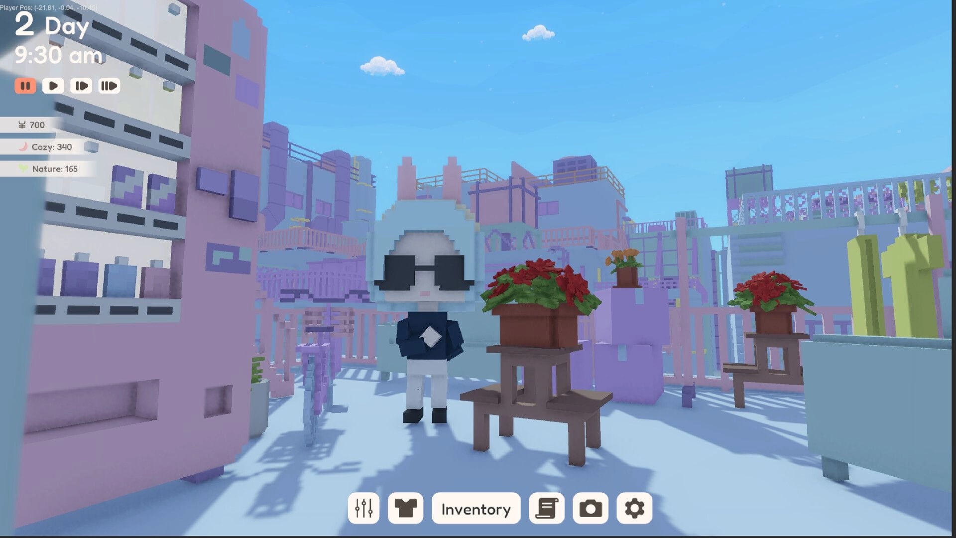 YUME ROOF: Character in sunglasses stands on rooftop with voxel art buildings and flower pots nearby