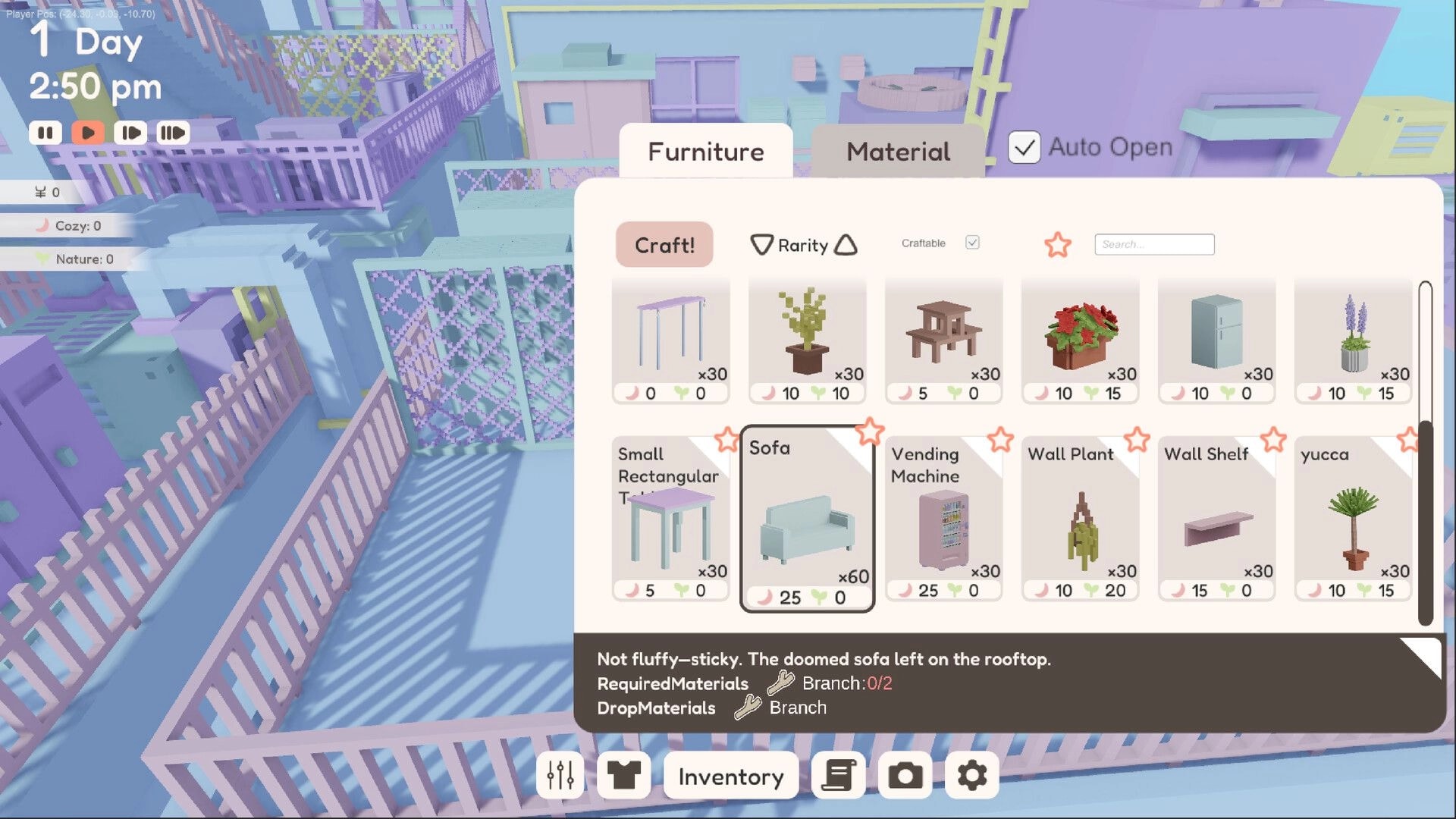 YUME ROOF: Crafting menu with furniture options on a pastel rooftop setting at 2:50 pm game time.