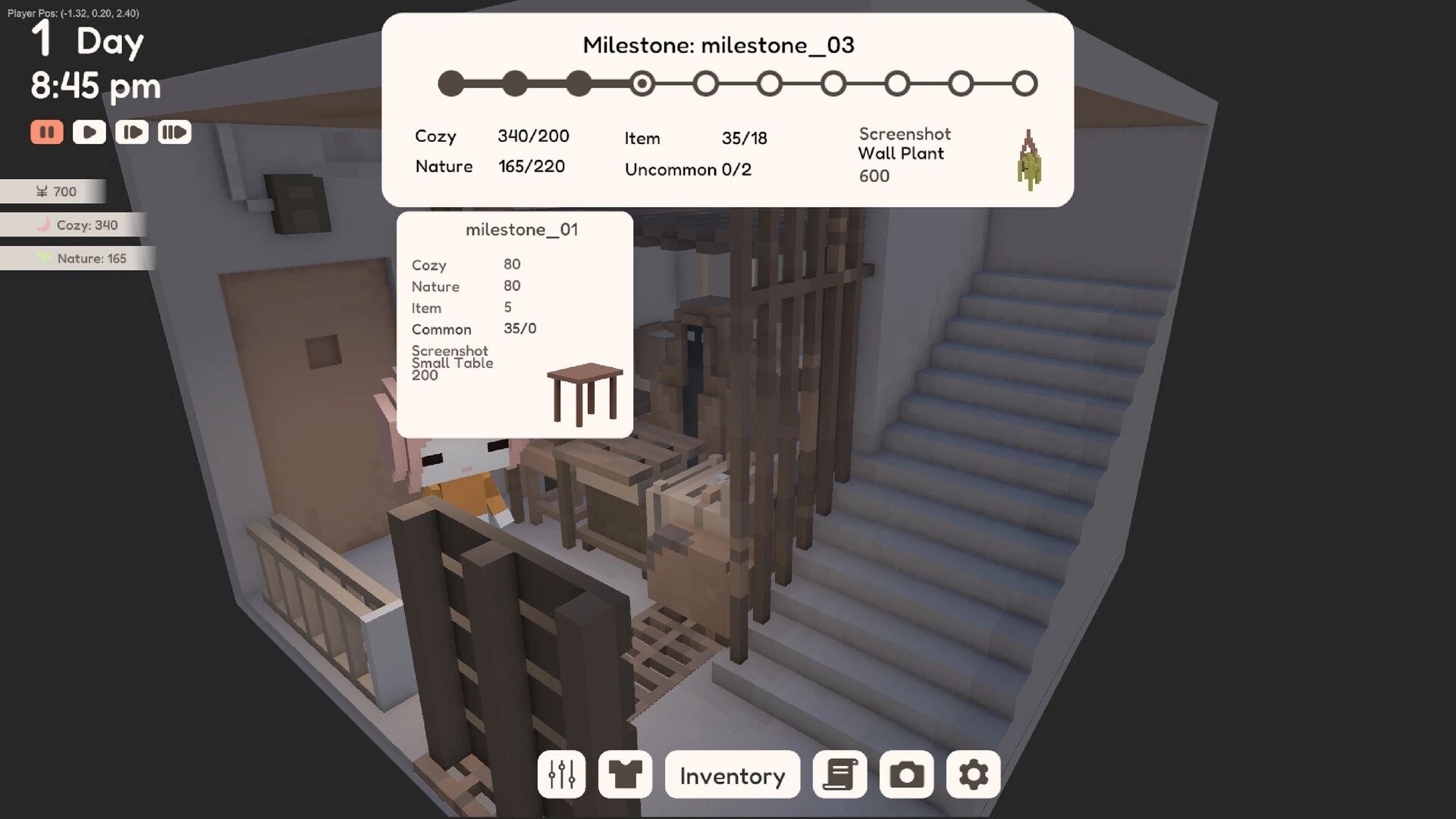 YUME ROOF: Player in voxel art room with milestone progress, nature stats, and inventory menu visible