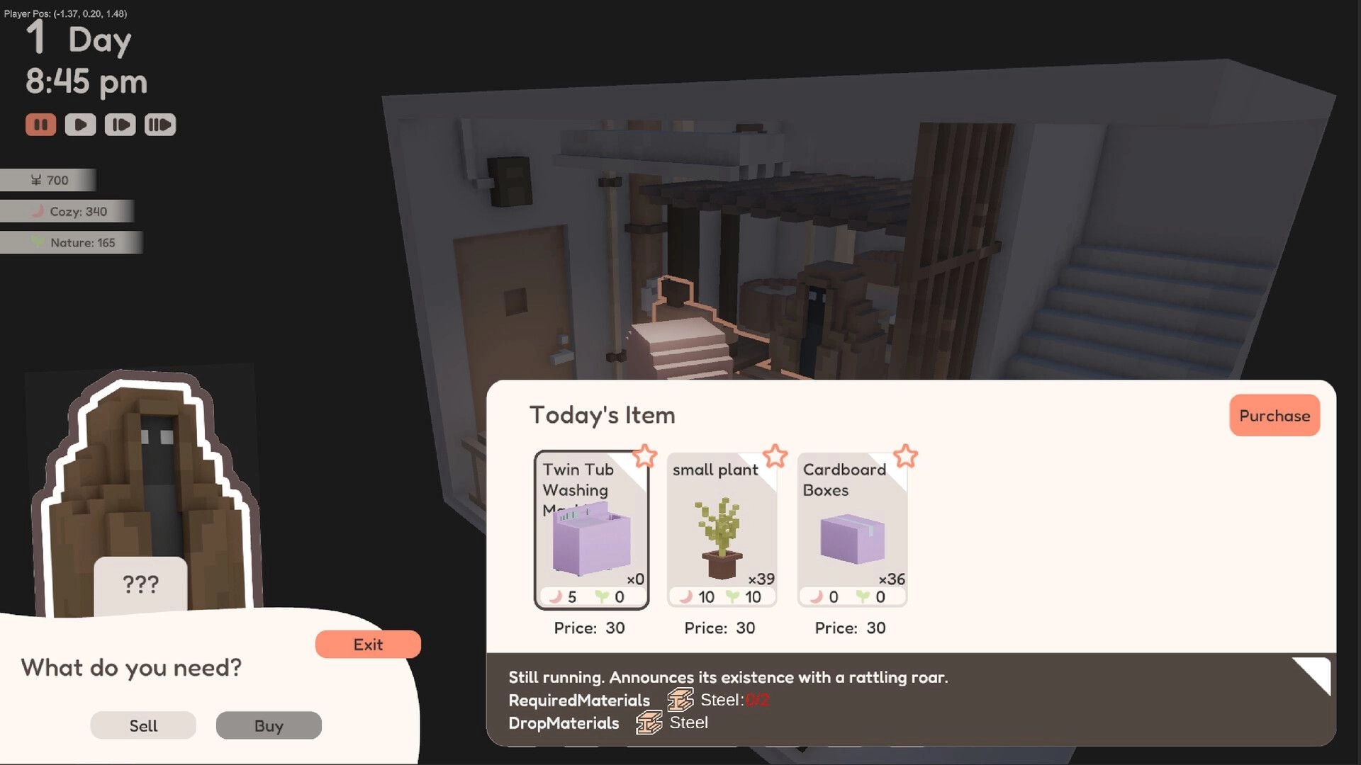 YUME ROOF: Trade interface with items for sale, including twin tub, small plant, and cardboard boxes.