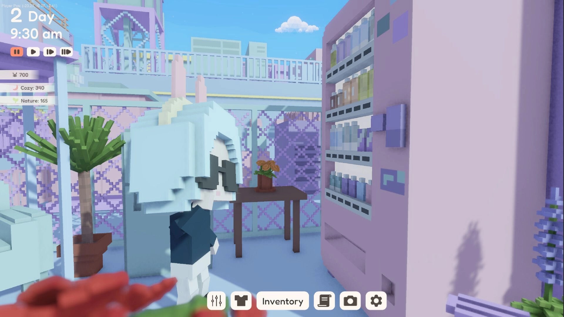 YUME ROOF: Character stands near pink vending machine on decorated rooftop with inventory menu visible