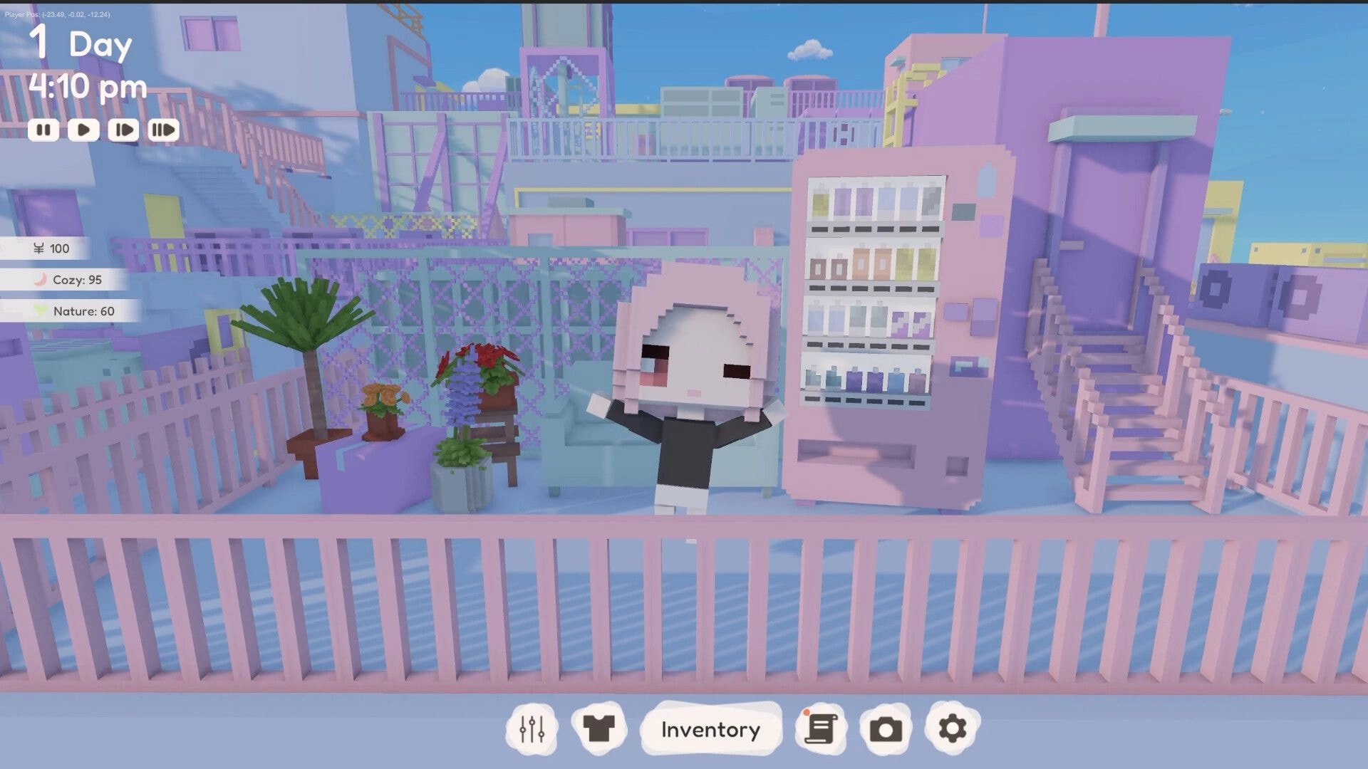 YUME ROOF: Character waving by pastel vending machine on rooftop with plants and menu icons visible