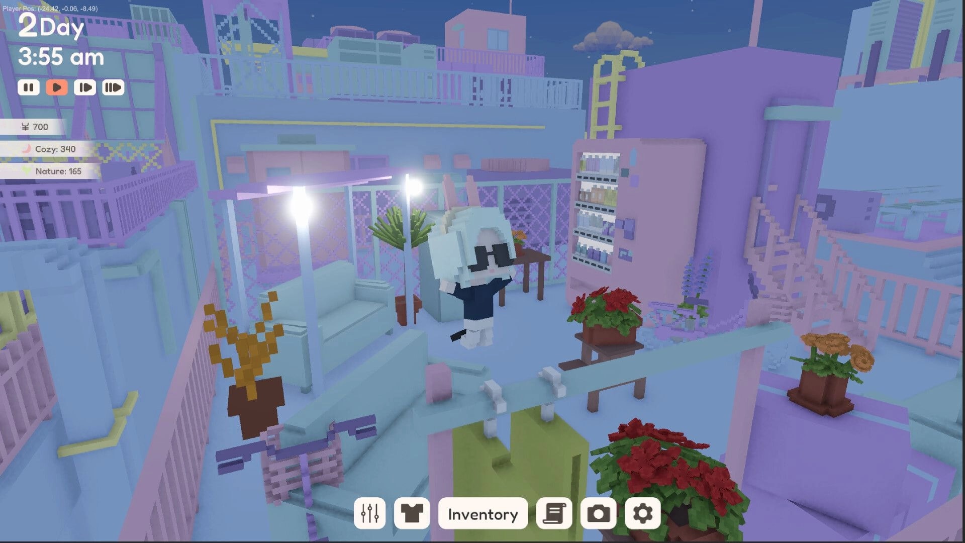 YUME ROOF: Character with bunny ears dancing on decorated rooftop with plants and vending machine at night.