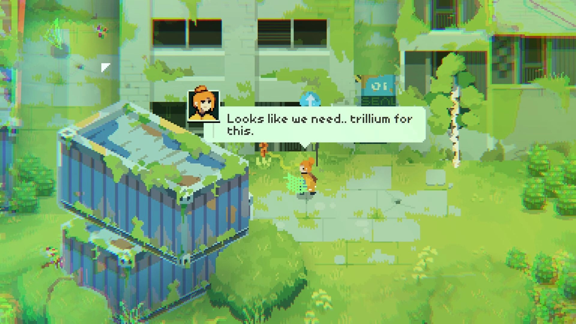 ZWAARD: Dialogue box over two pixel characters exploring overgrown ruins beside a mossy container.