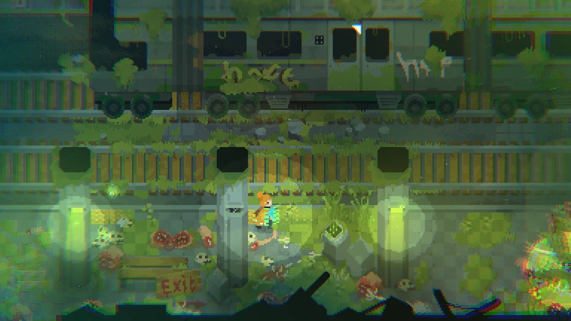ZWAARD: Pixel hero explores a mossy rail tunnel under a derelict train, glowing lamps and EXIT sign.