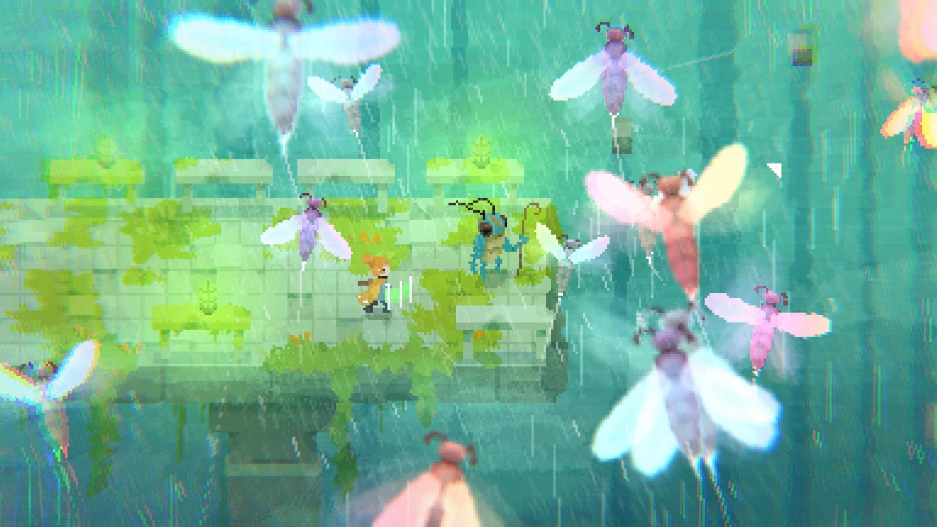 ZWAARD: Pixel hero faces a horned creature on mossy ruins as giant glowing insects swarm in rain.