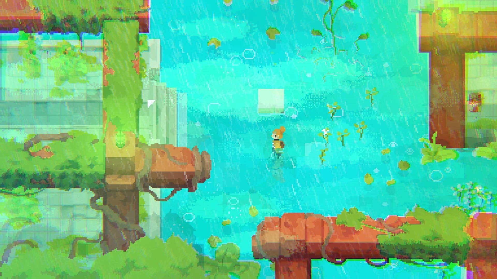 ZWAARD: Pixel character wades in blue water among plants, beside mossy ruins and rusted pipes.