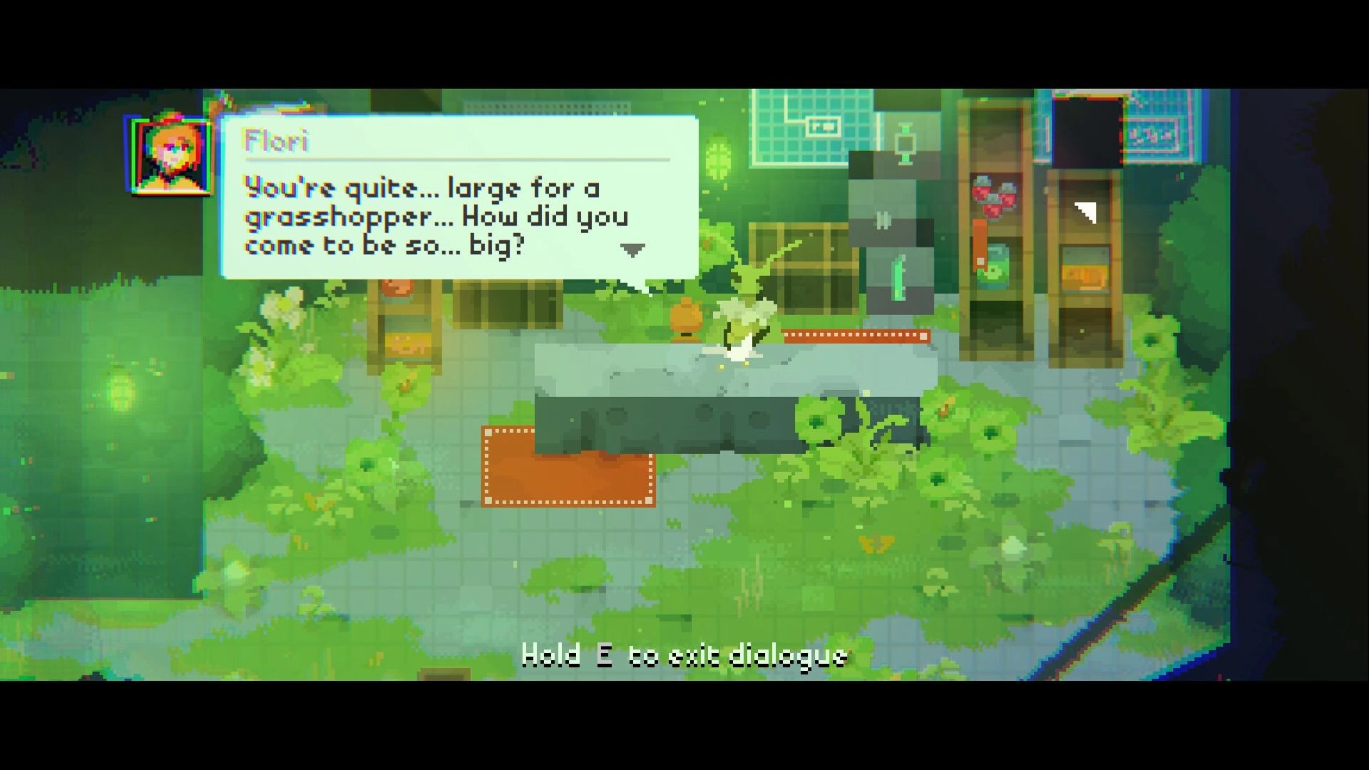 ZWAARD: Flori dialogue box over pixel ruins, player faces a giant grasshopper, E exits prompt.