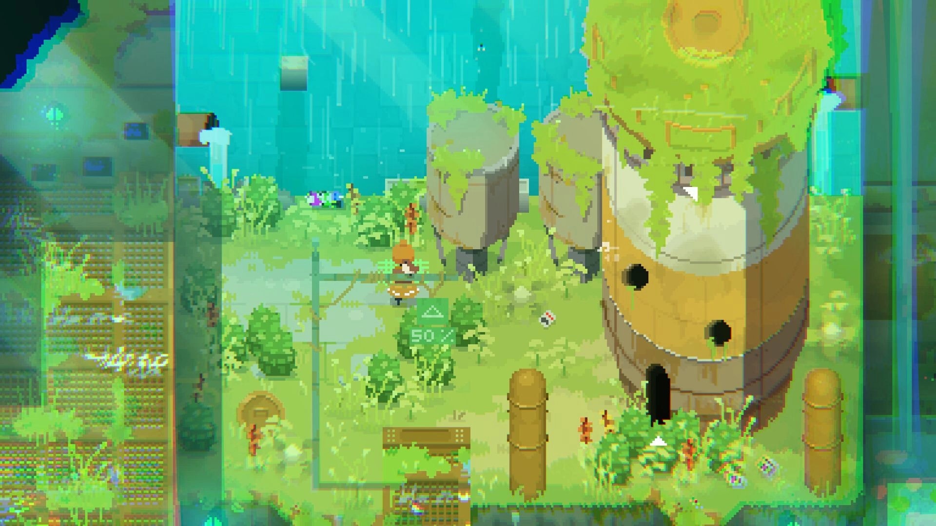 ZWAARD: Player explores grassy ruins by waterfalls beside a giant carved statue, 50% HUD visible.