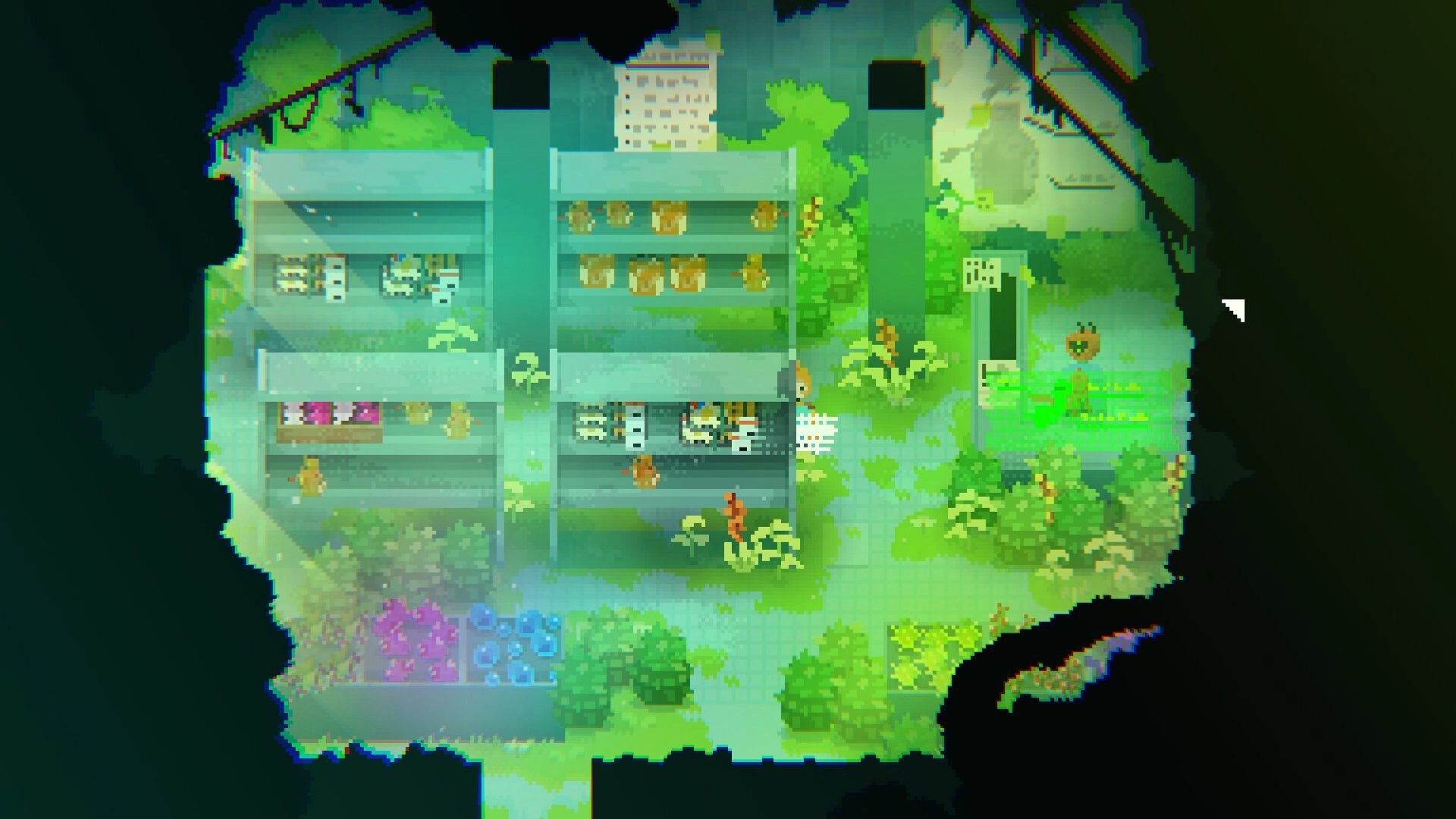 ZWAARD: Top-down exploration of overgrown apartment ruins with loot icons and a white cursor marker.