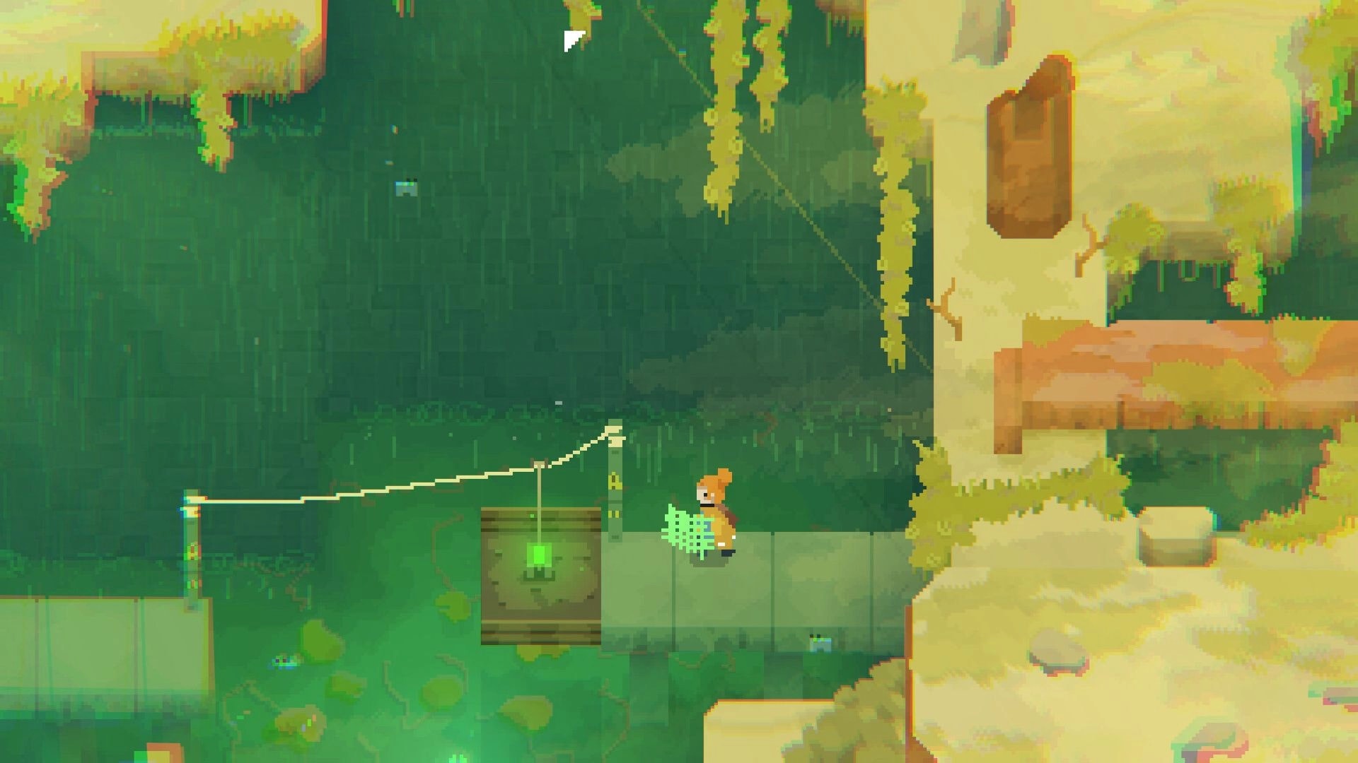 ZWAARD: Pixel hero stands by a glowing green device on a rainy concrete walkway beside overgrown ruins.